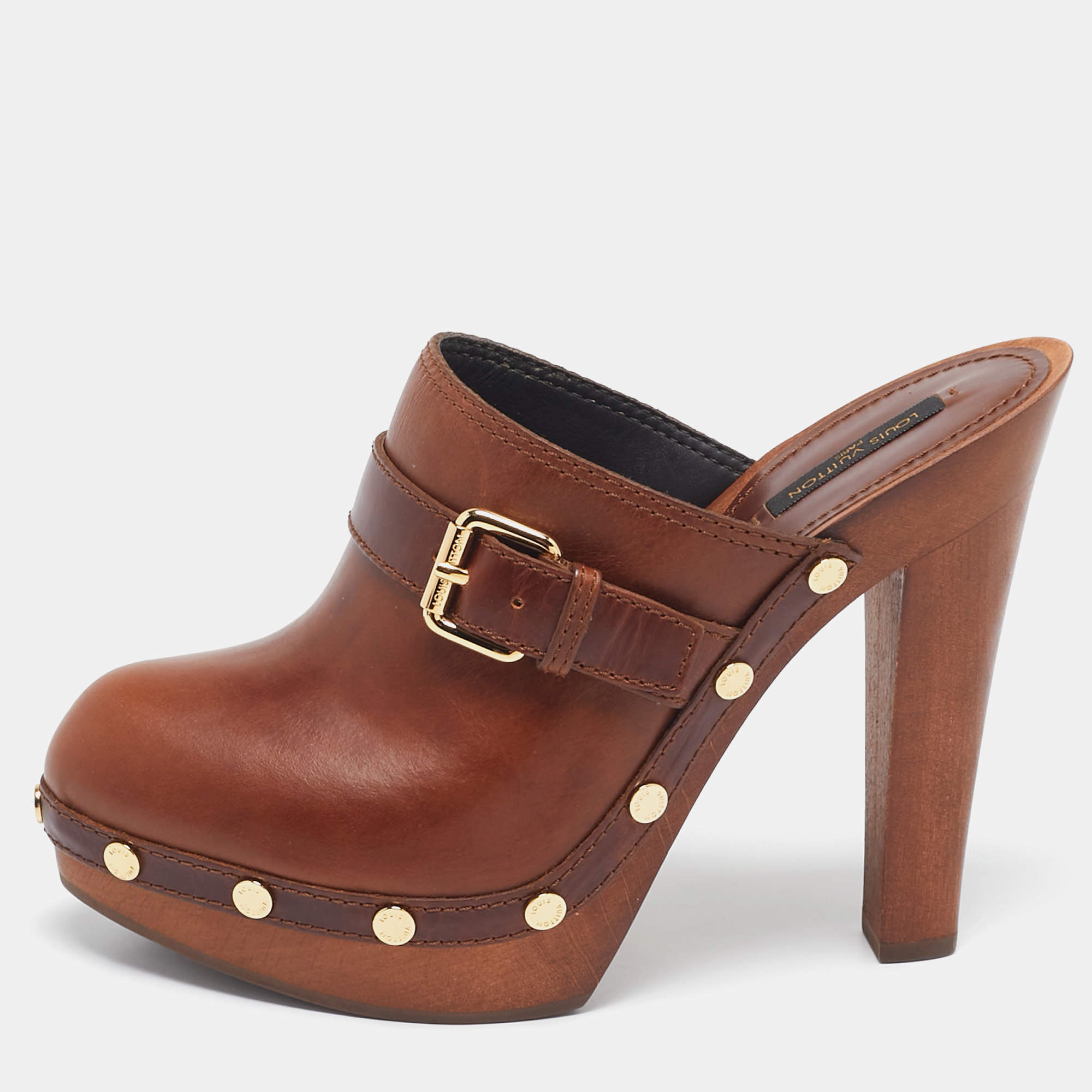 Louis Vuitton Brown Leather Buckle Detail Platform Clogs Size 39