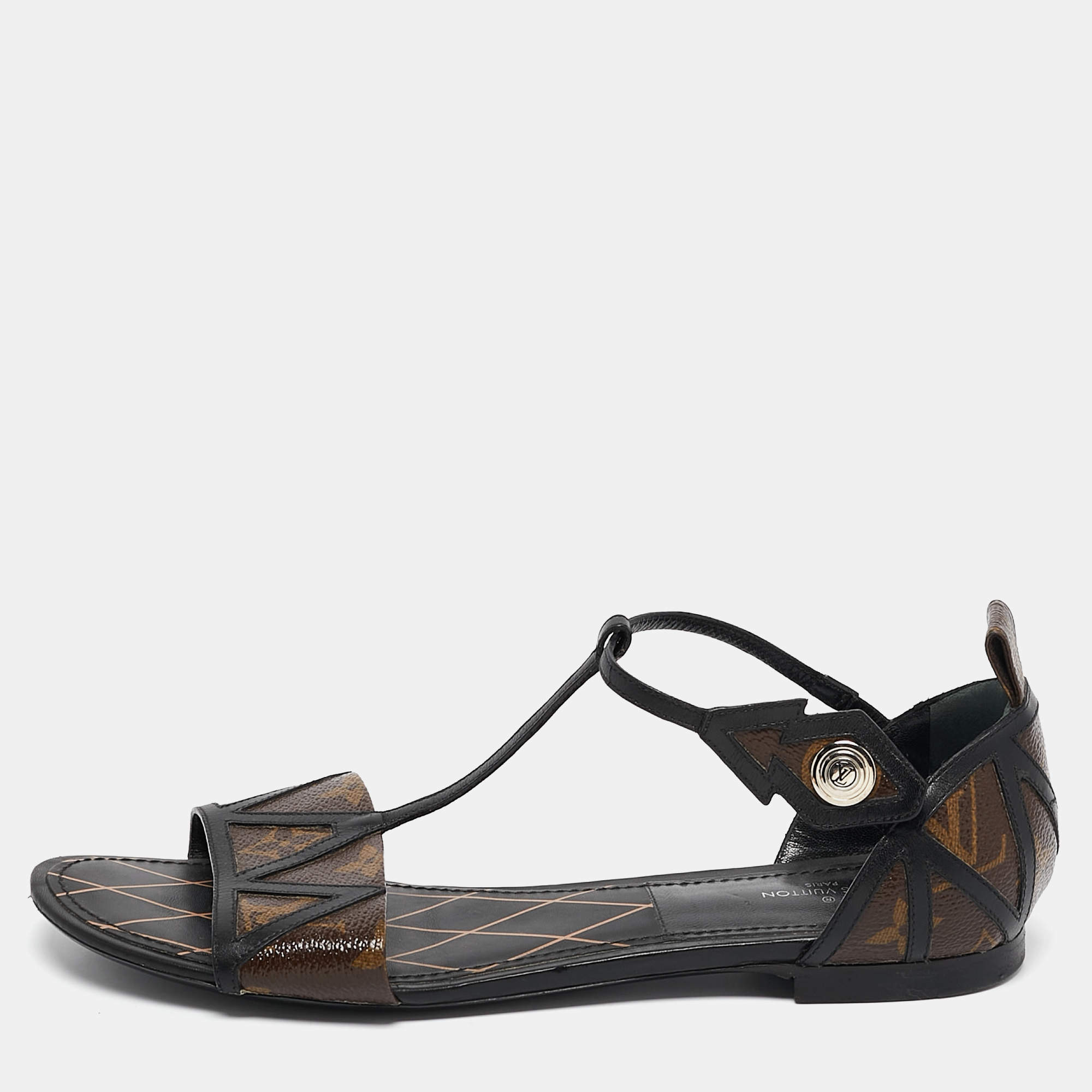 Louis Vuitton Brown Monogram Canvas and Leather Flat Sandals Size 38.5