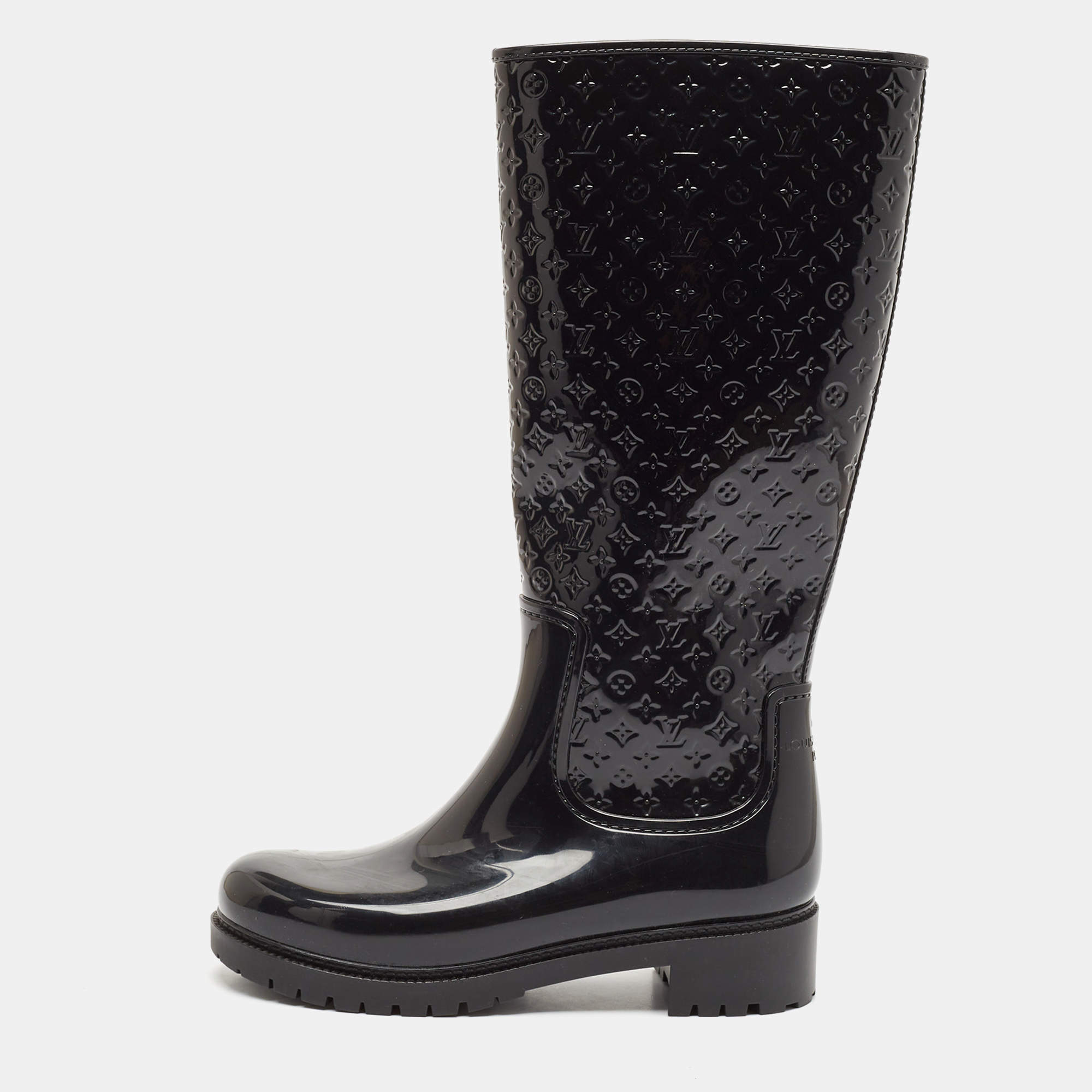 Pre Owned Louis Vuitton Black Monogram Rubber Rain Boots Size 38