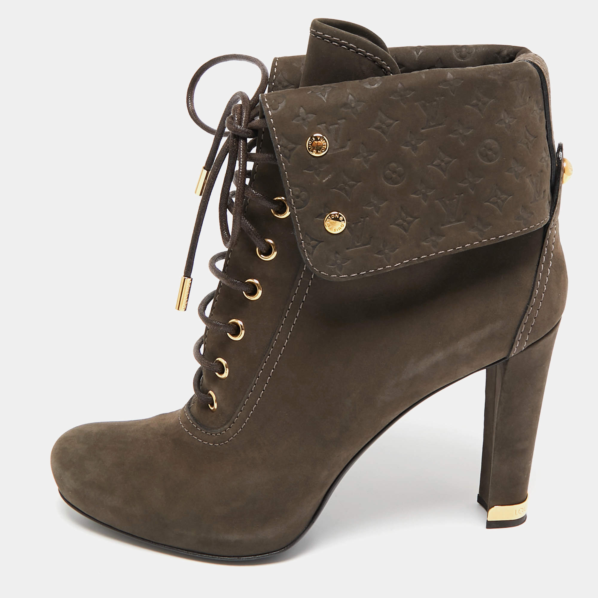 Louis Vuitton Brown Suede Empreinte Fold Over Lace Up Ankle Boots Size 40.5