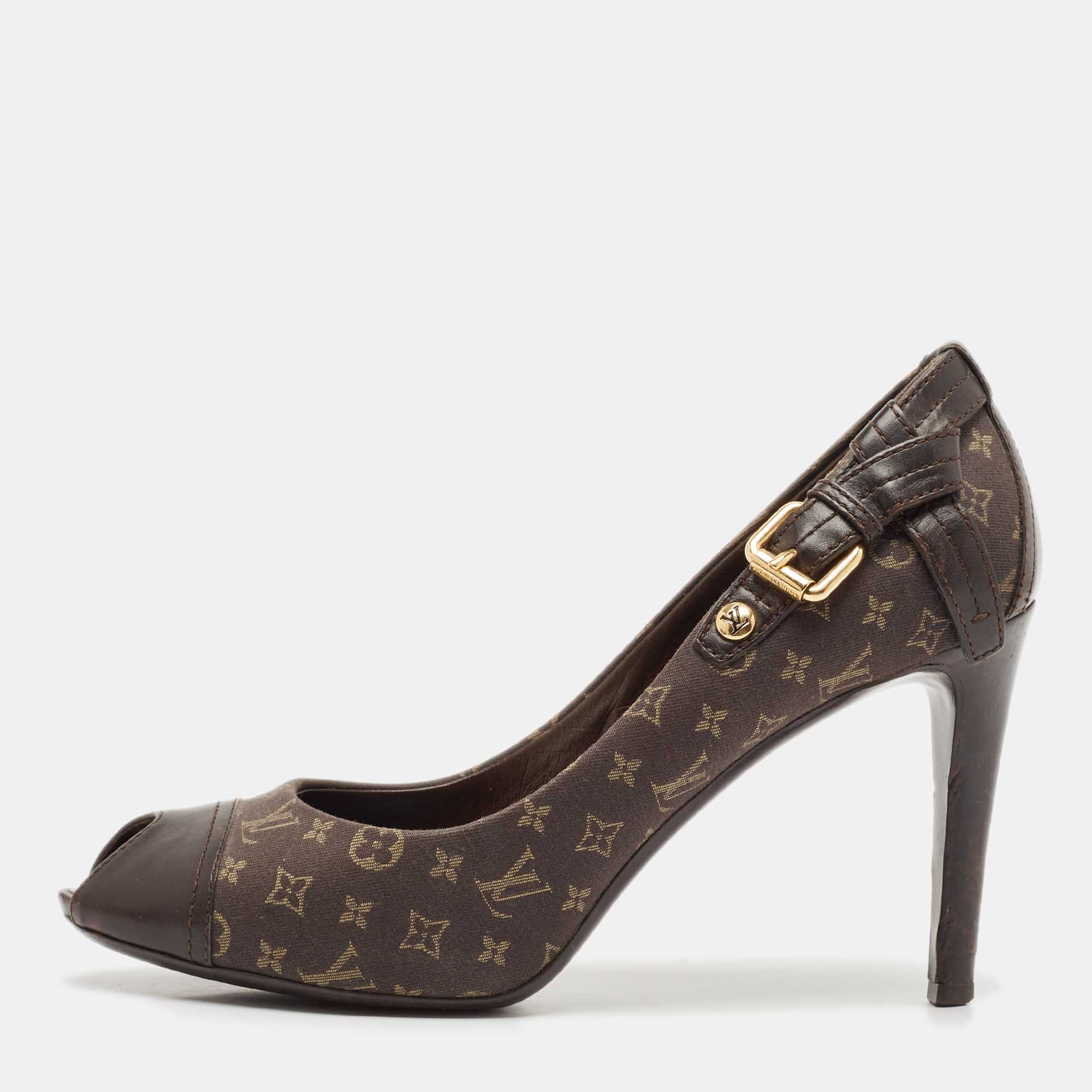 Louis Vuitton Brown Canvas and Leather Mini Lin Peep Toe Pumps Size 38.5
