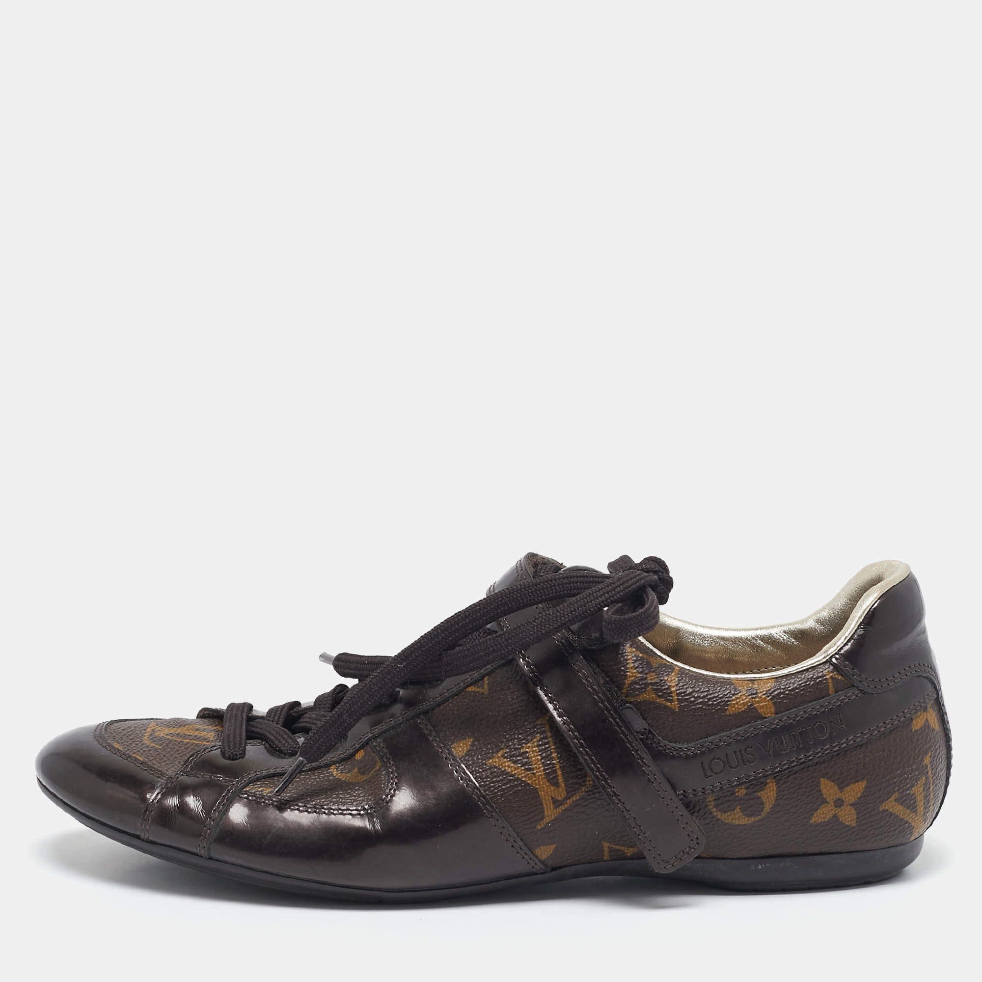 Louis Vuitton Brown Monogram Canvas and Patent Leather Low Top Sneakers Size 37.5