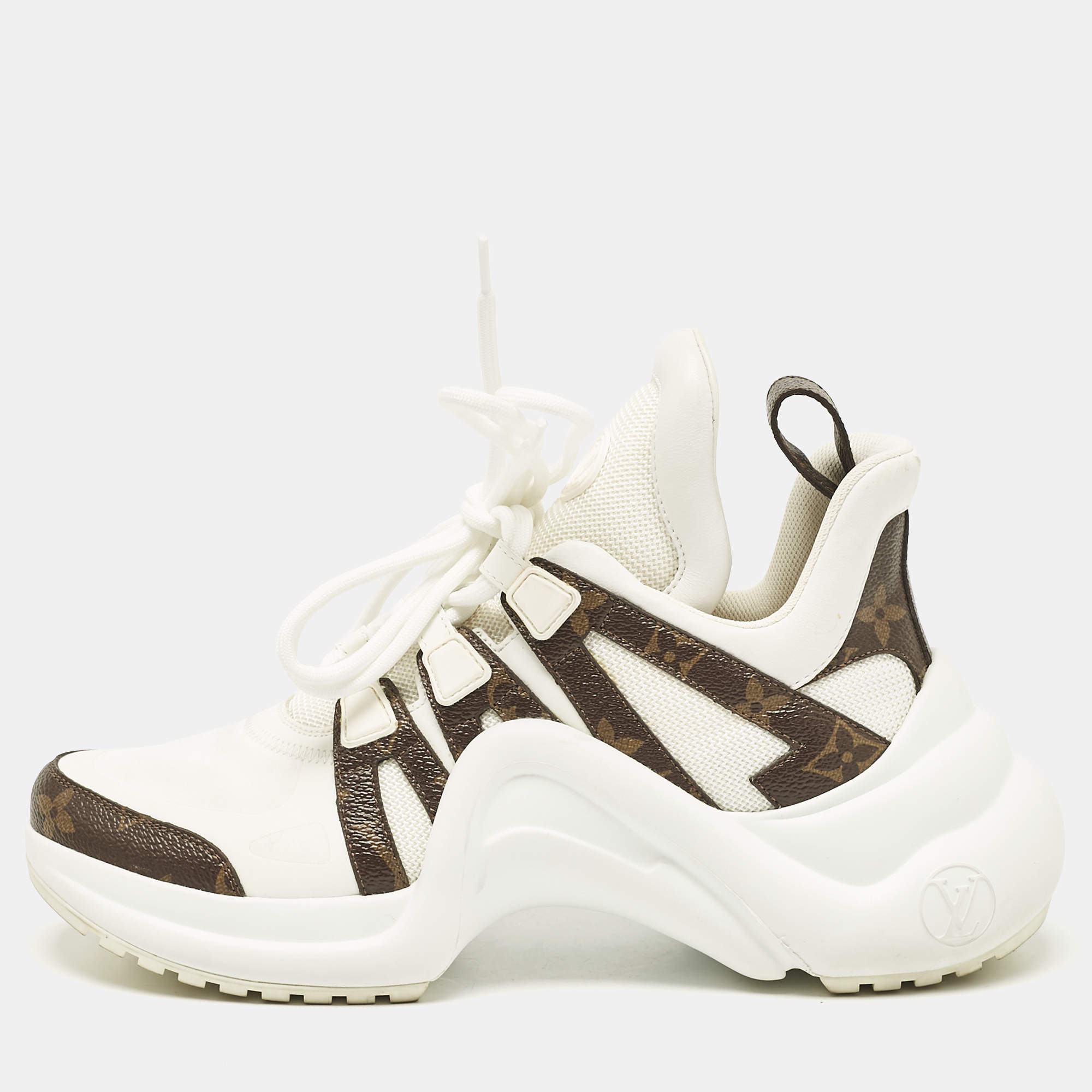 Louis Vuitton White/Brown Leather and Monogram Canvas Archlight Sneakers Size 37.5
