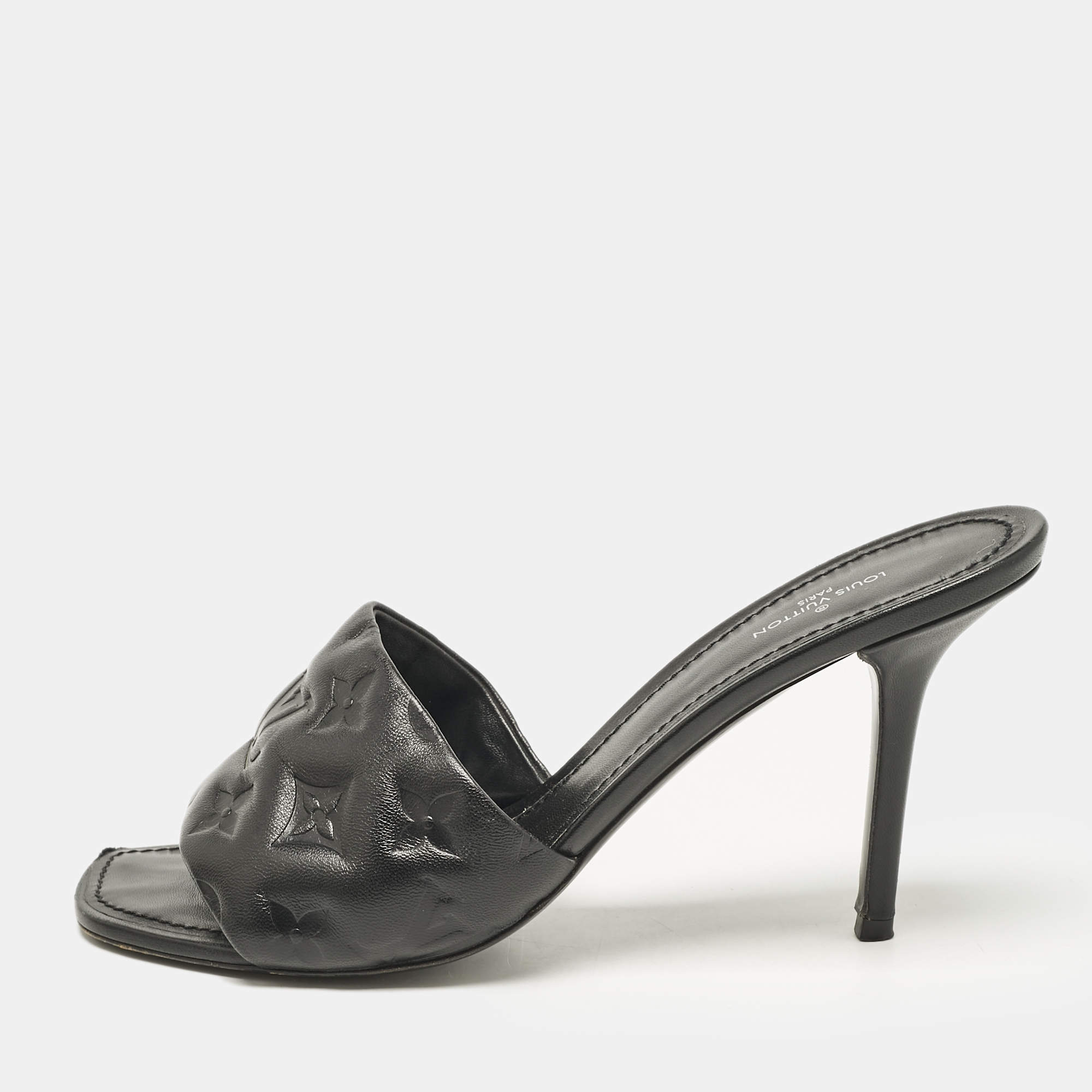Pre Owned Louis Vuitton Black Monogram Embossed Leather Revival Slide Sandals Size 39