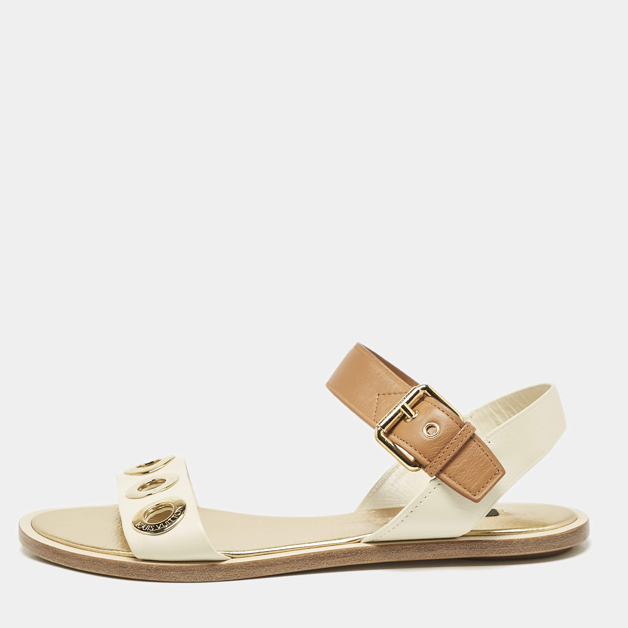 Louis Vuitton Cream/Brown Leather Ankle Strap Flat Sandals Size 39.5