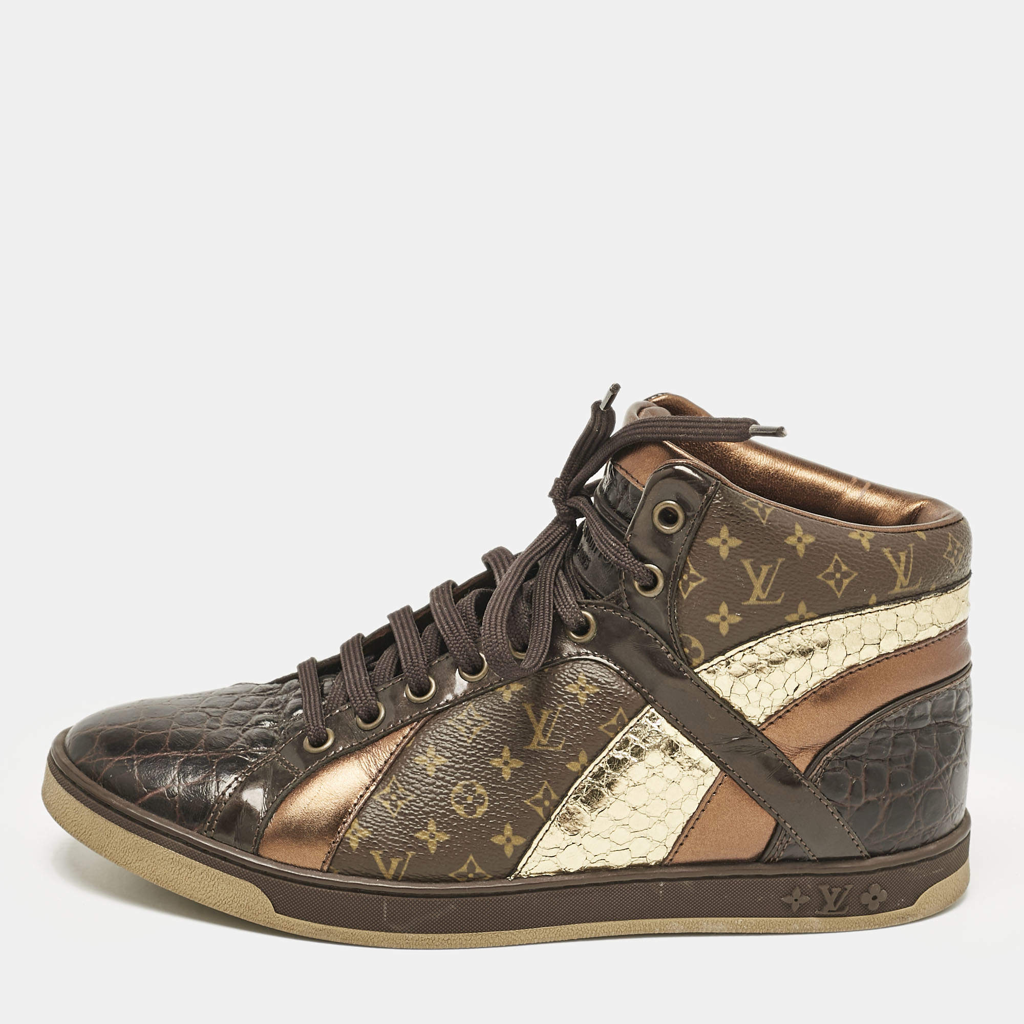 Louis Vuitton Brown Monogram Canvas and Crocodile Punchy High Top Sneakers Size 36.5
