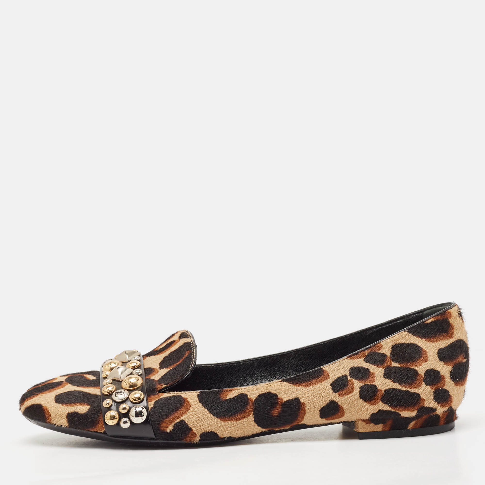 Louis Vuitton Black/Brown Calf Hair Embellished Smoking Slippers Size 37.5