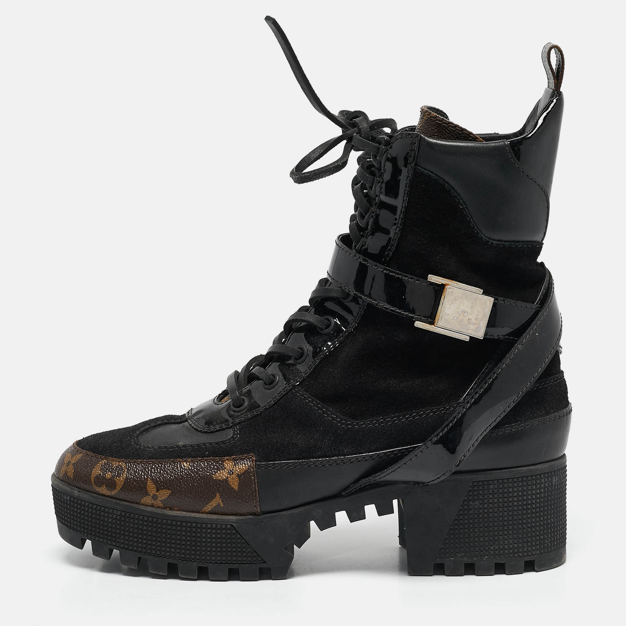 Pre Owned Louis Vuitton Black/Brown Suede And Monogram Leather Laureate Platform Desert Ankle Boots Size 39