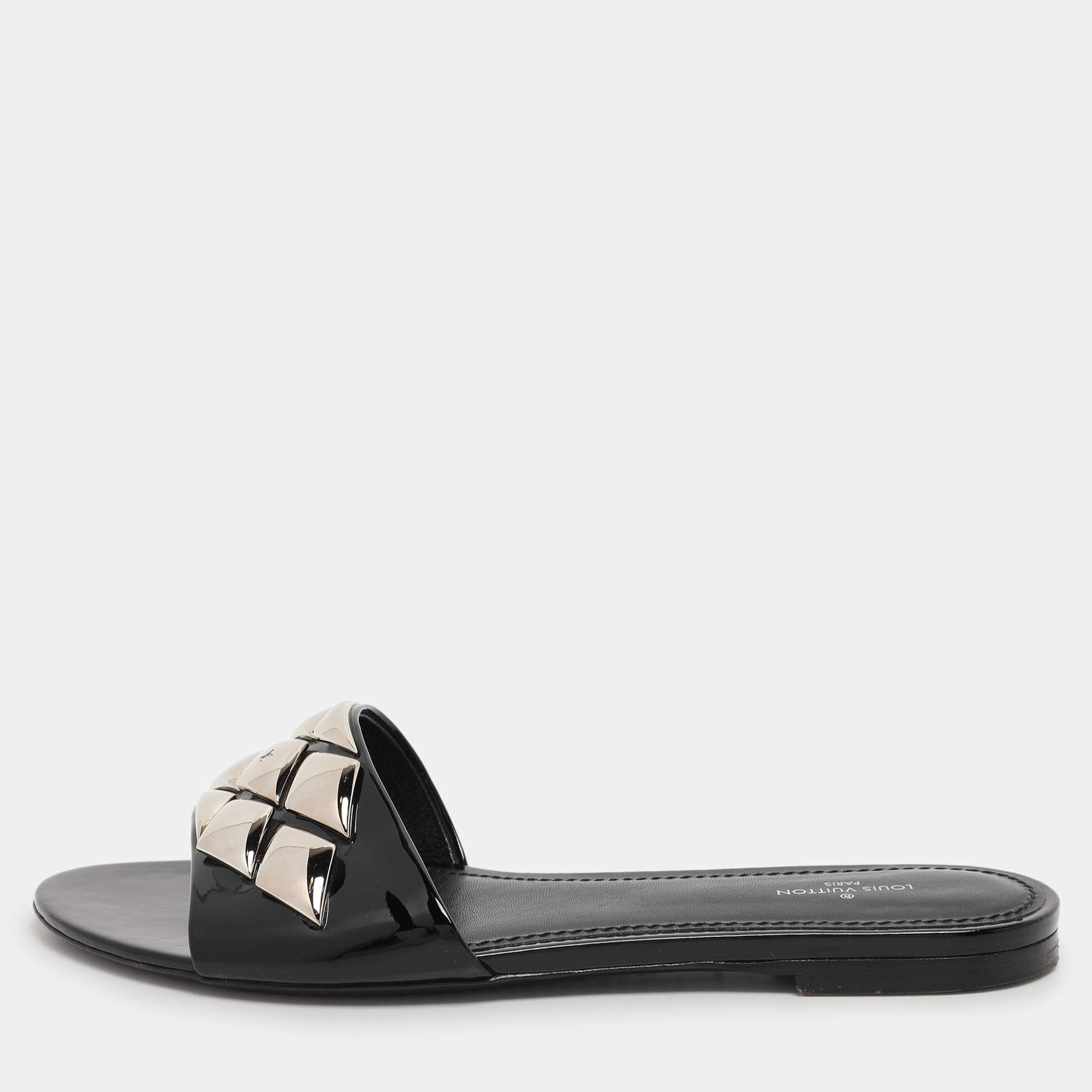 Louis Vuitton Black Patent Leather Studded Flats Size 38.5