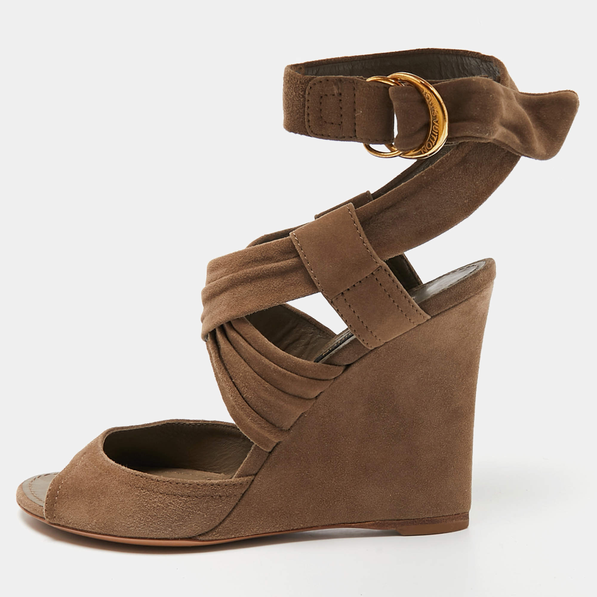 Louis Vuitton Brown Suede Criss Cross Ankle Wrap Wedge Sandals Size 37