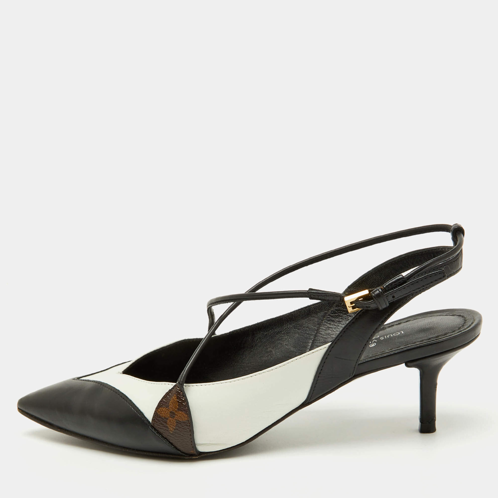 Louis Vuitton Black/White Leather Criss Cross Slingback Pumps Size 36