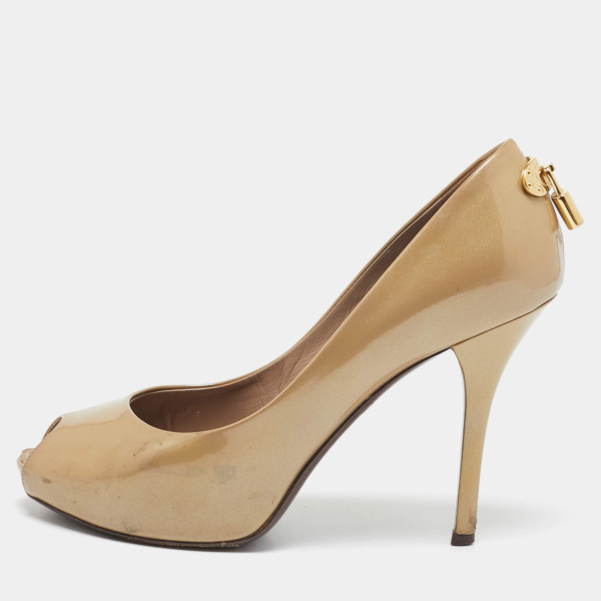Pre Owned Louis Vuitton Gold Patent Leather Oh Really! Peep Toe Pumps Size 38