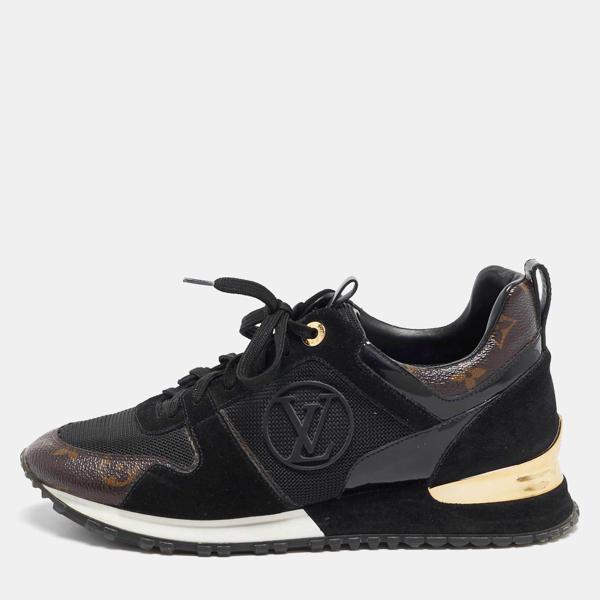 Louis Vuitton Black Leather, Mesh and Monogram Canvas Run Away Sneakers Size 38