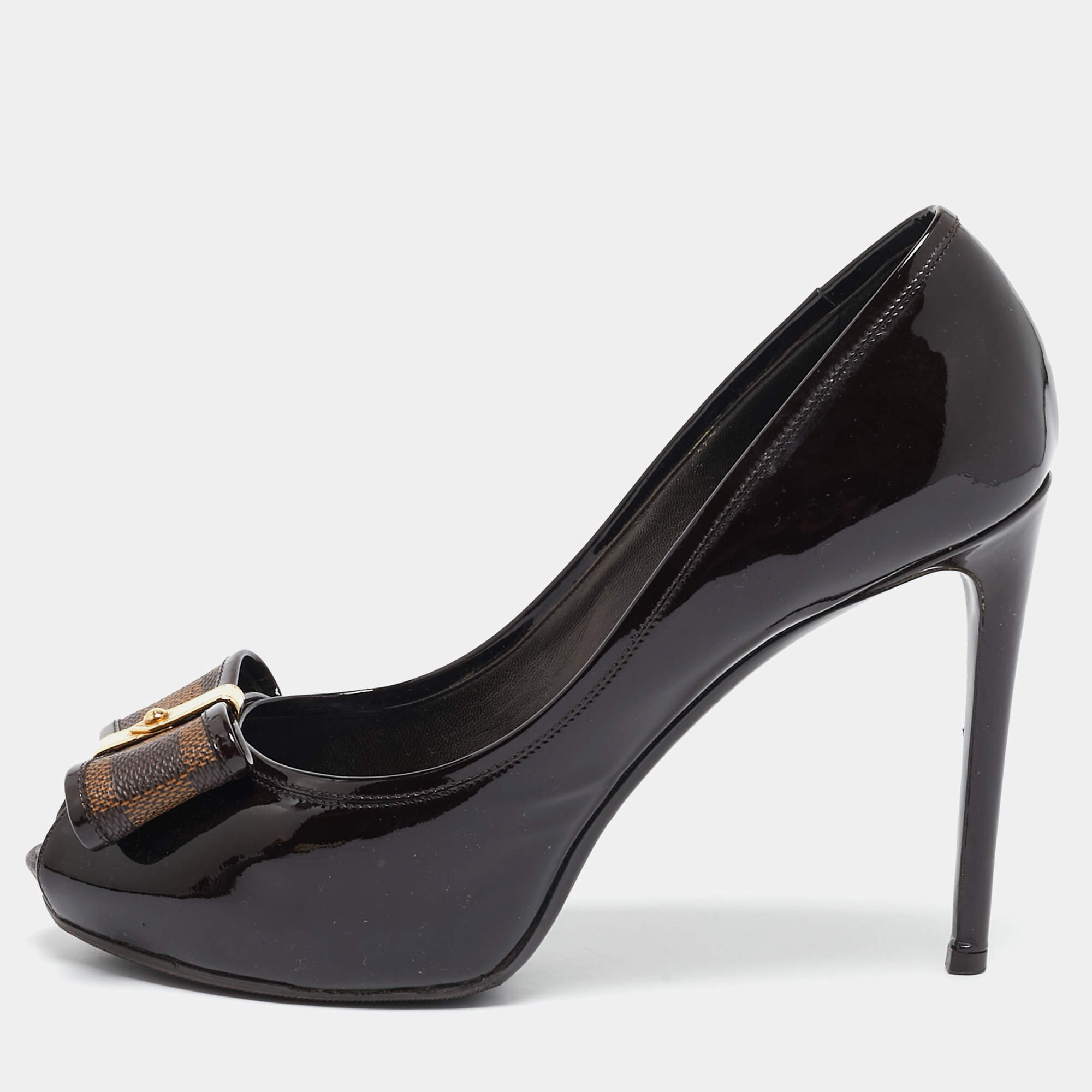 مملوكة مسبقًا Louis Vuitton Brown/Burgundy Patent Leather And Infini Canvas Bow Peep Toe Platform Pumps Size 39