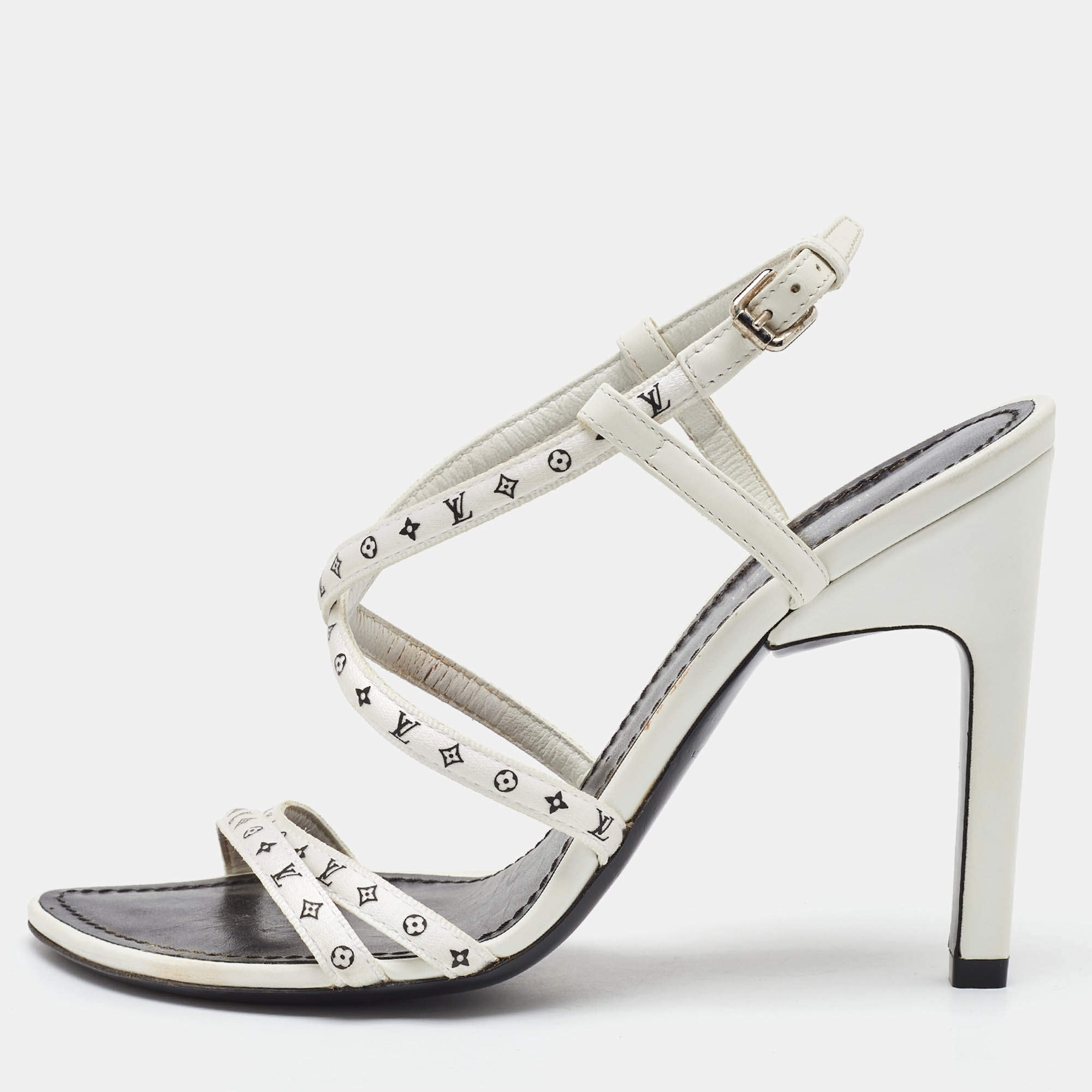  Louis Vuitton White Monogram Satin Citizen Strappy Sandals Size 36