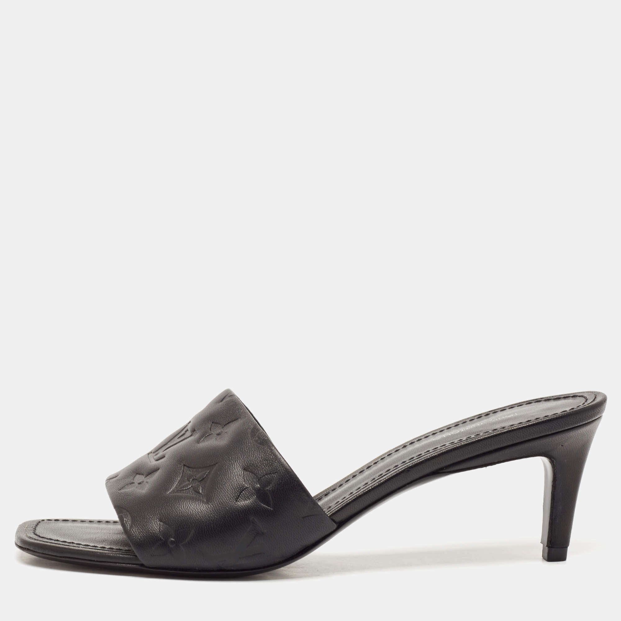 Louis Vuitton Black Monogram Embossed Leather Revival Slide Sandals Size 40