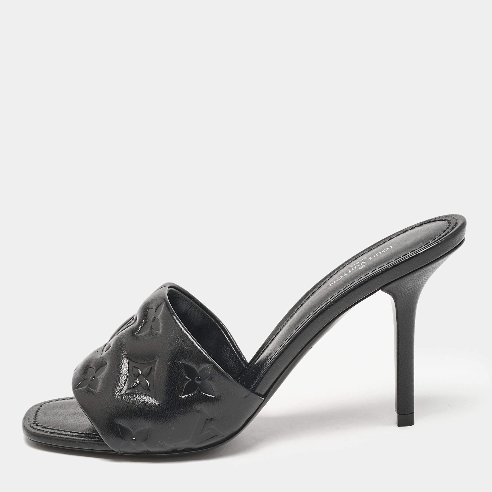 Louis Vuitton Black Monogram Embossed Leather Revival Slide Sandals Size 36.5