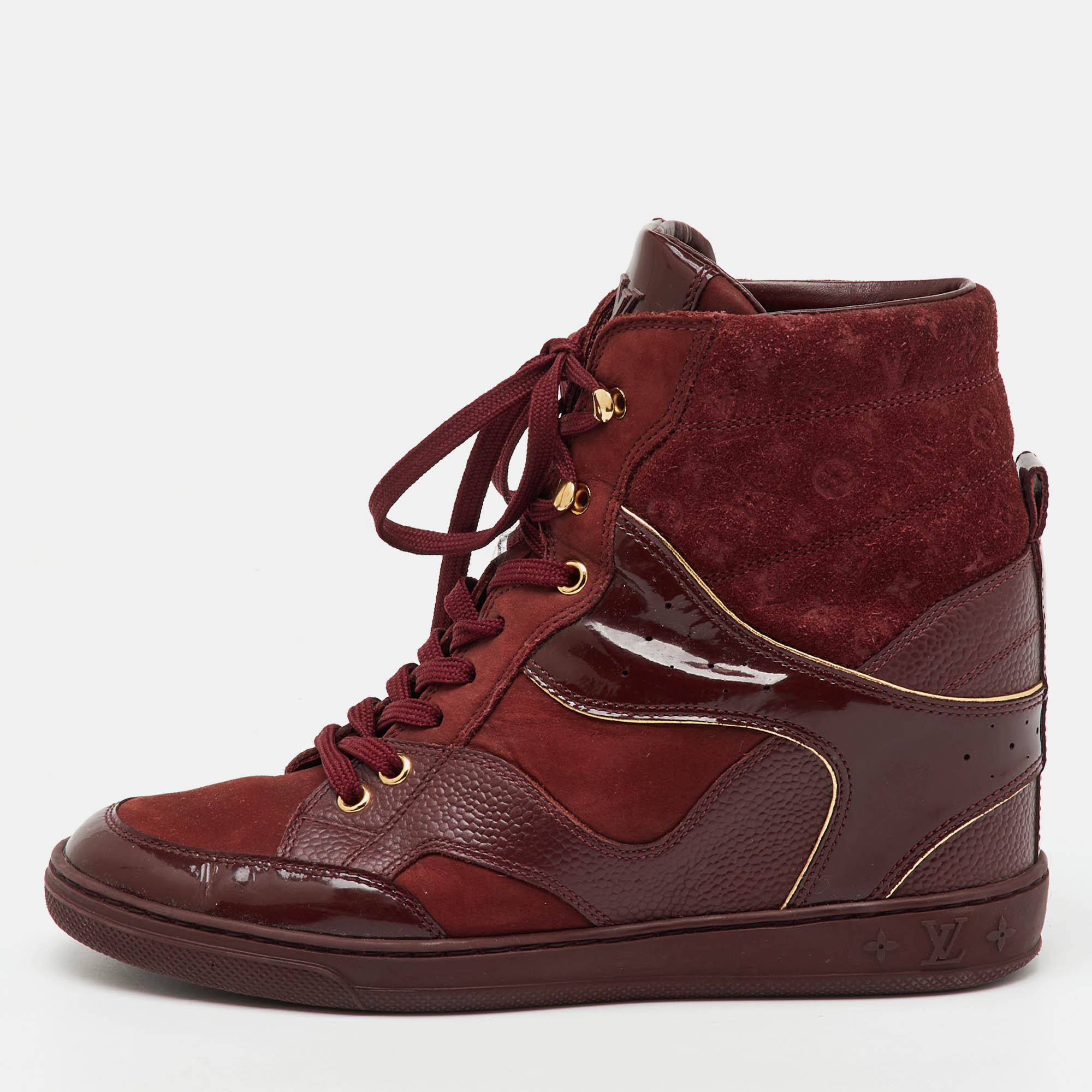 Louis Vuitton Burgundy Monogram Suede and Patent Leather Cliff Top Wedge Sneakers Size 37