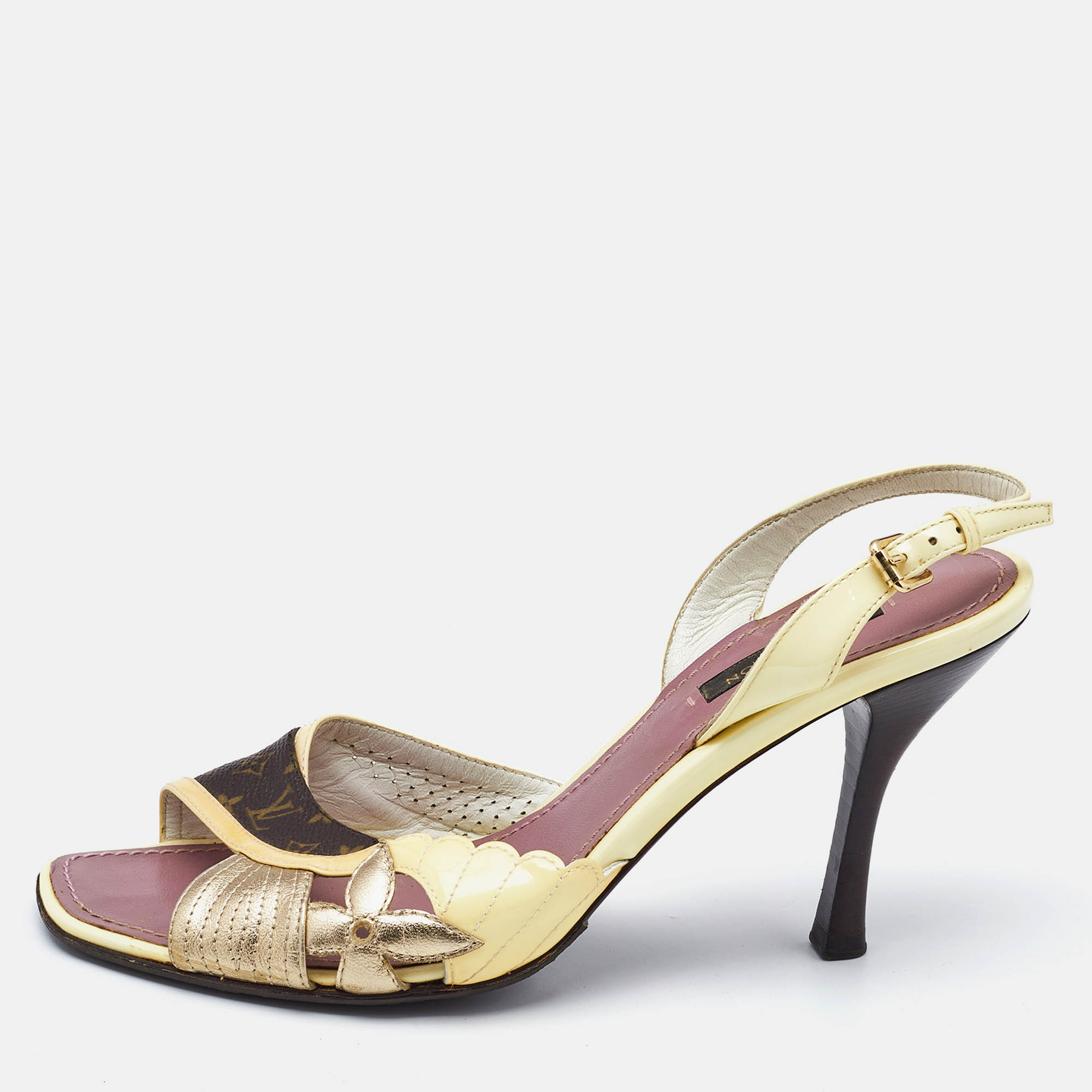 Louis Vuitton Monogram Canvas and Patent Leather Slingback Sandals Size 37