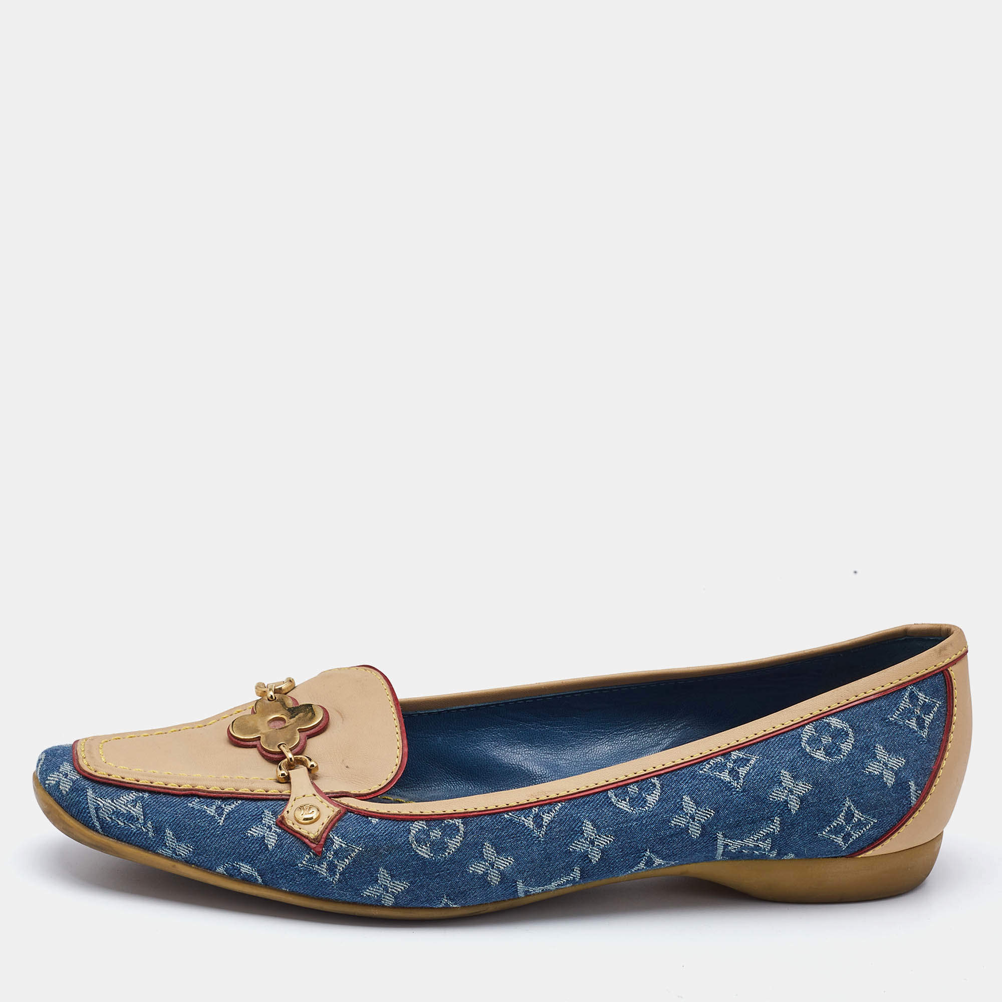 Pre Owned Louis Vuitton Navy Blue Monogram Denim and Leather Cap-Toe Ballet Flats Size 37
