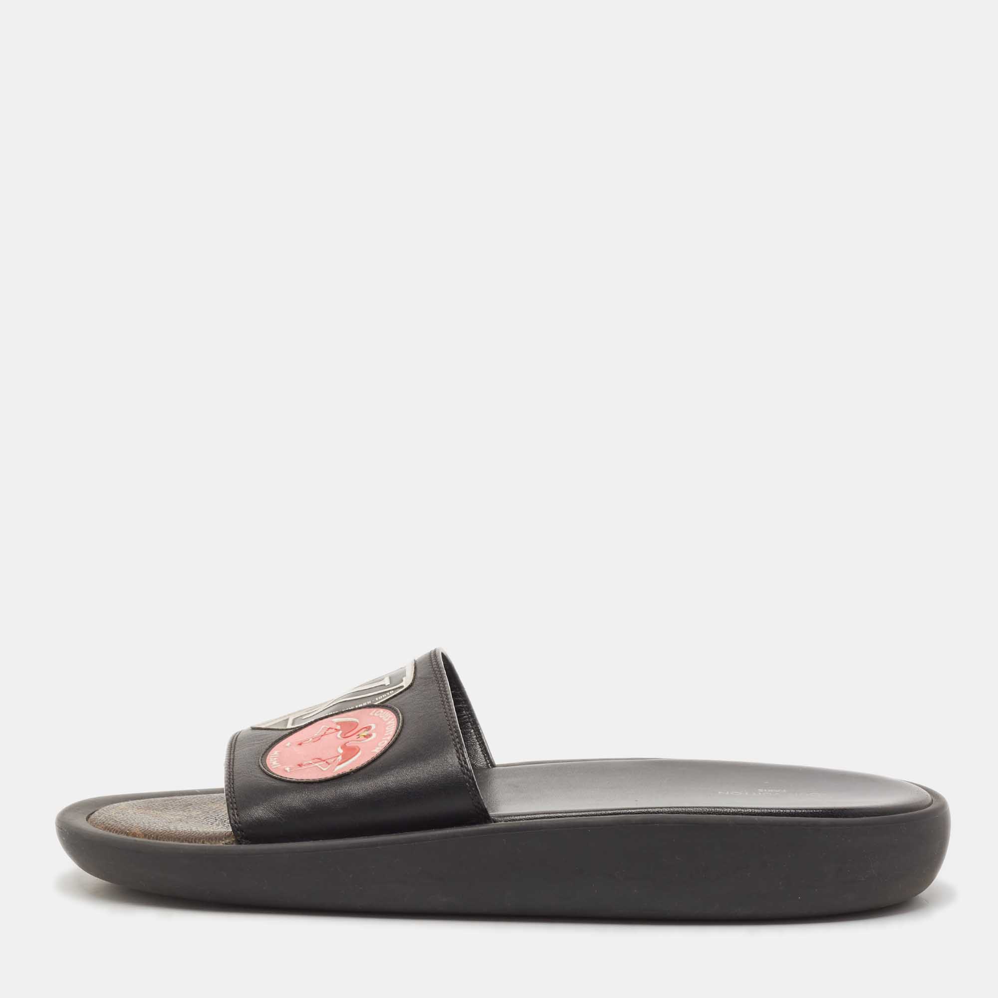 Louis Vuitton Black Leather LV Flamingo Flat Slide Sandals Size 39