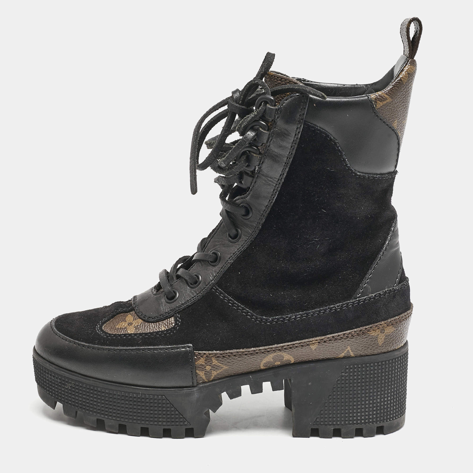 Louis Vuitton Black/Brown Suede and Monogram Canvas Laureate Desert Boots Size 34