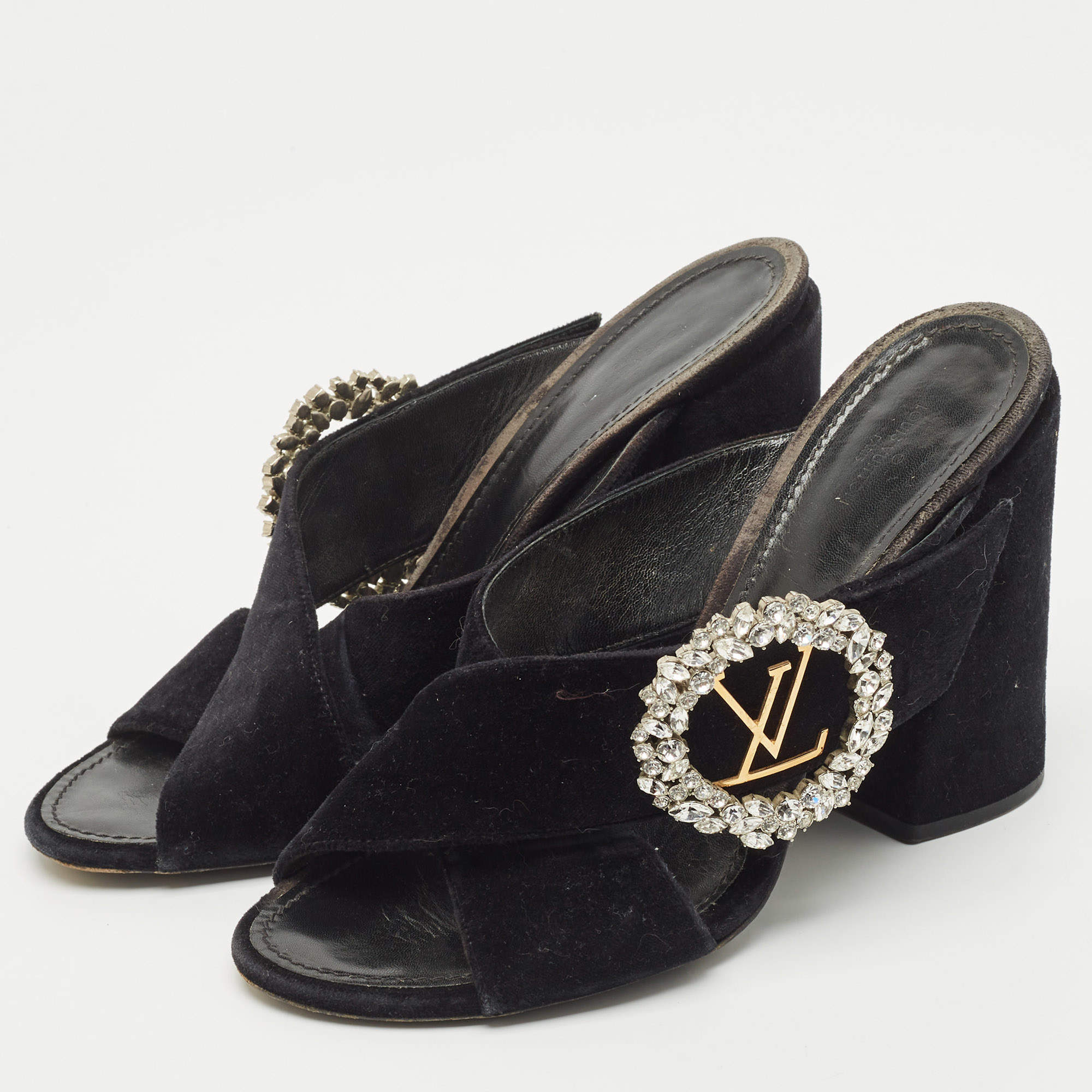 Pre Owned Louis Vuitton Navy Blue Velvet Block Heel Slide Sandals Size 40