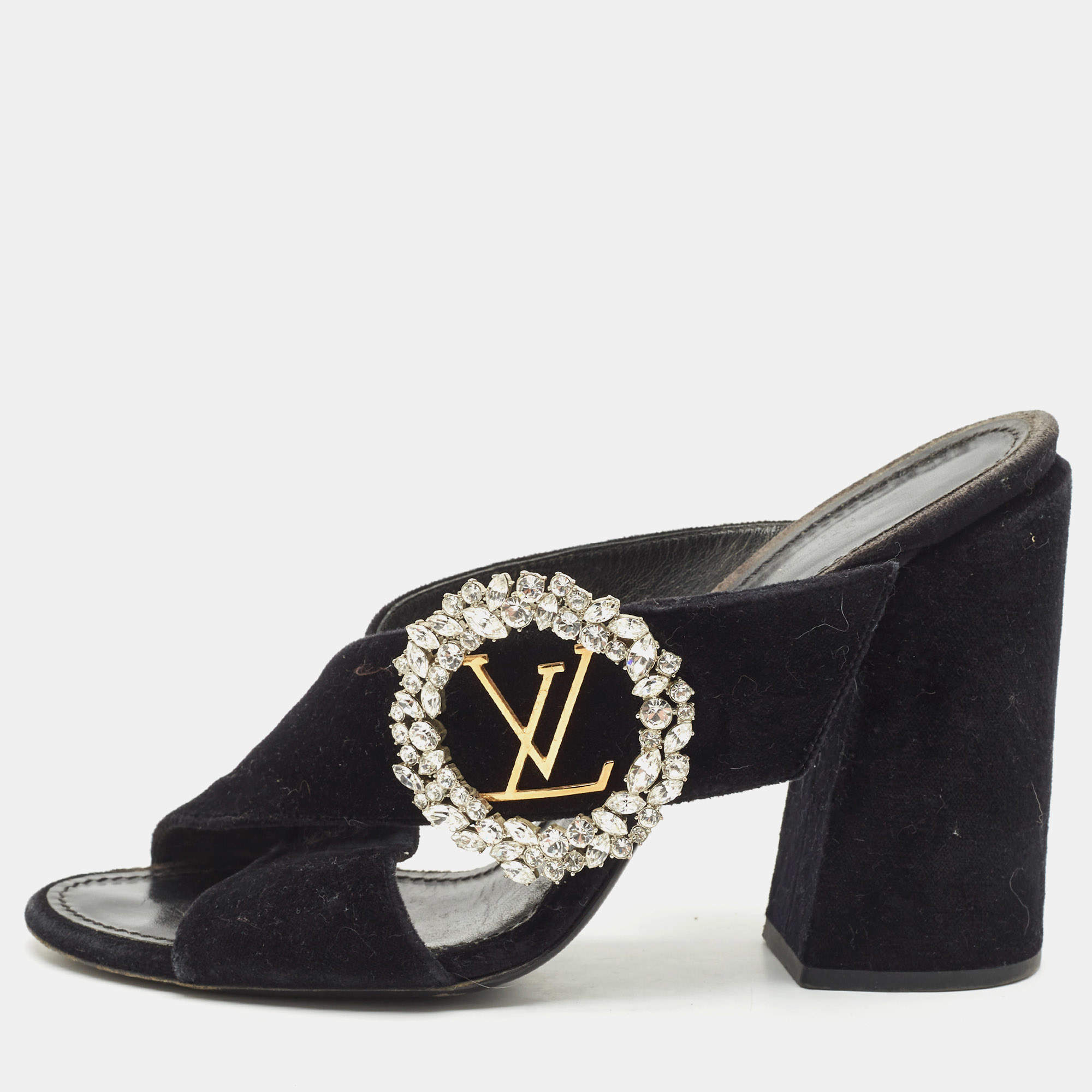Louis Vuitton Navy Blue Velvet Block Heel Slide Sandals Size 40