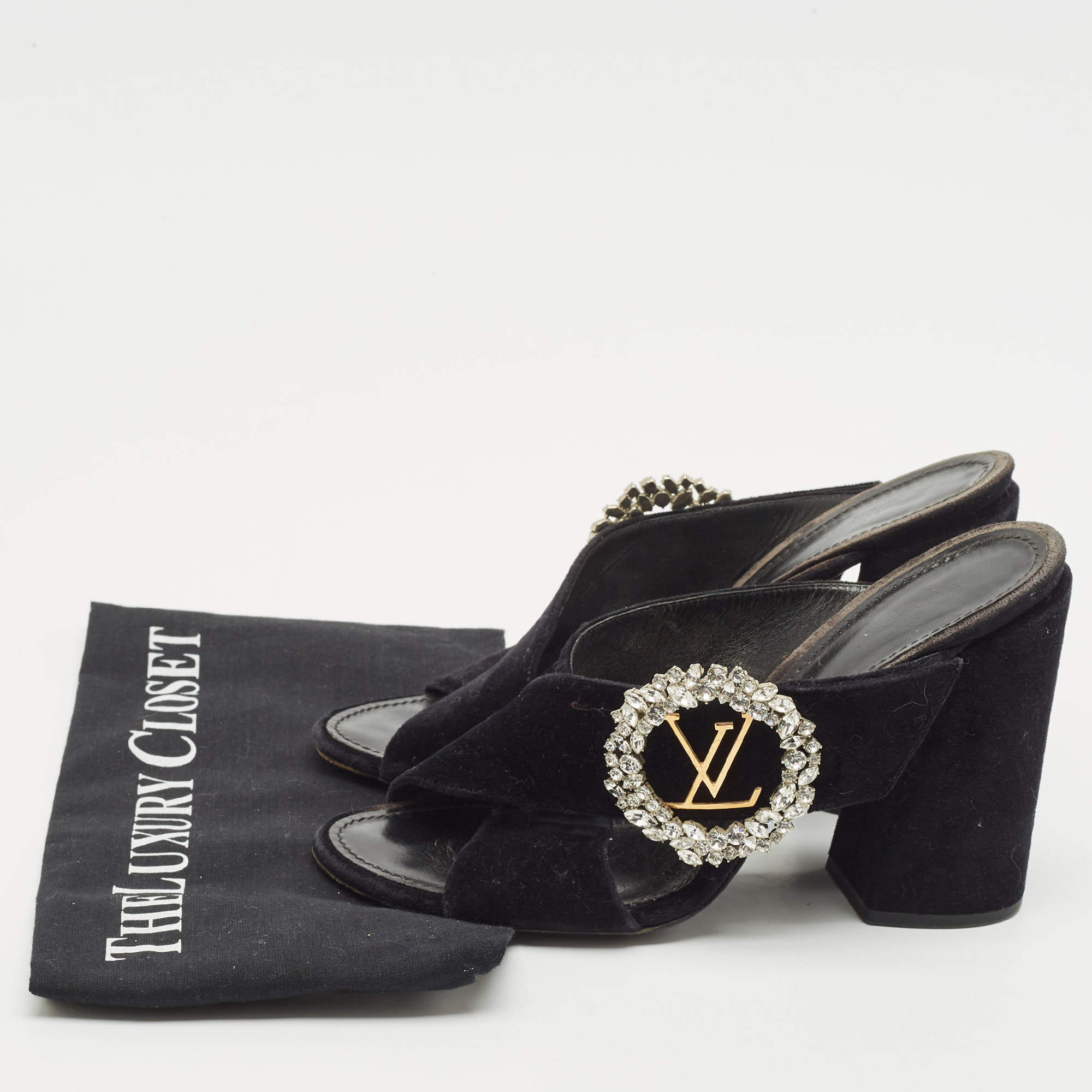Pre Owned Louis Vuitton Navy Blue Velvet Block Heel Slide Sandals Size 40