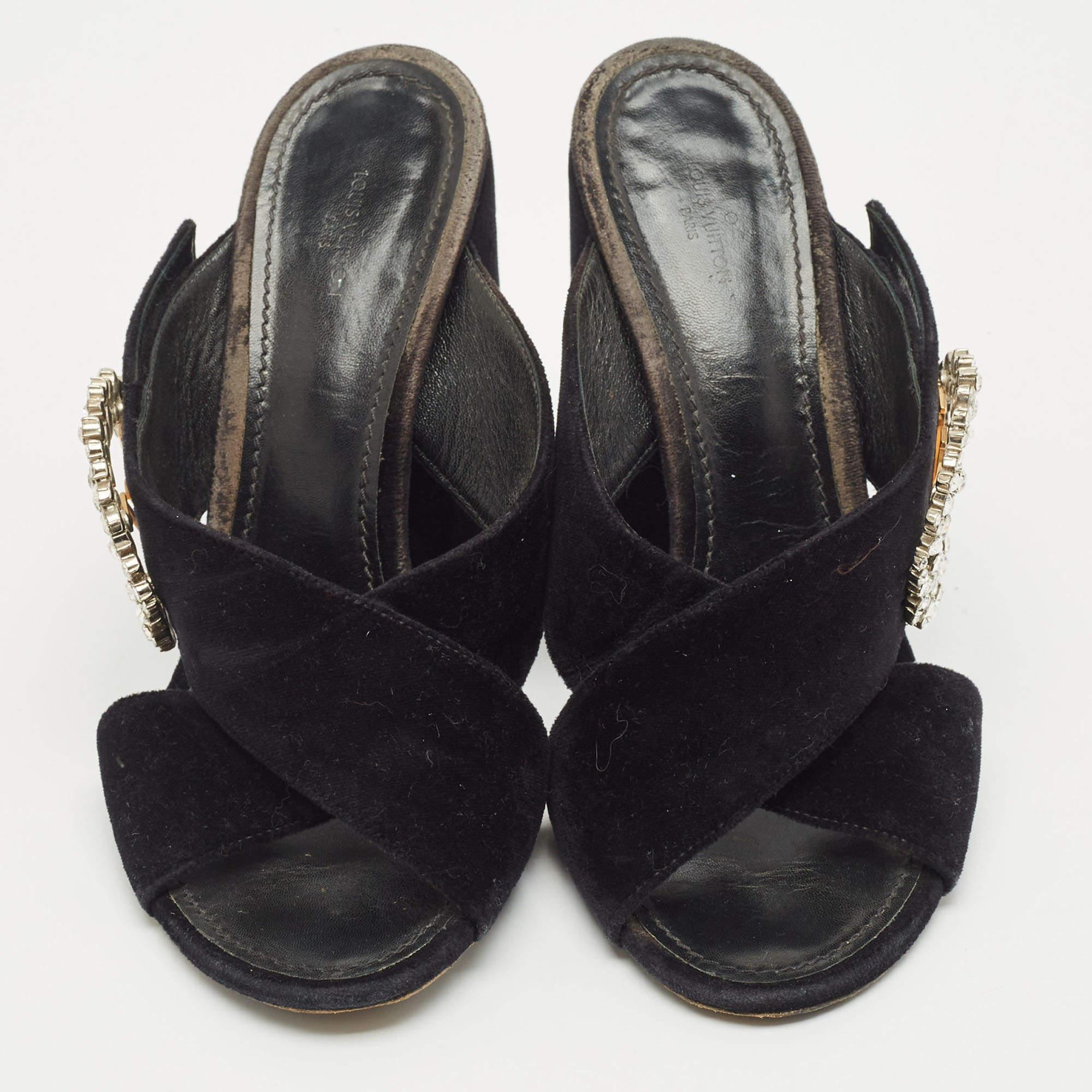 Pre Owned Louis Vuitton Navy Blue Velvet Block Heel Slide Sandals Size 40