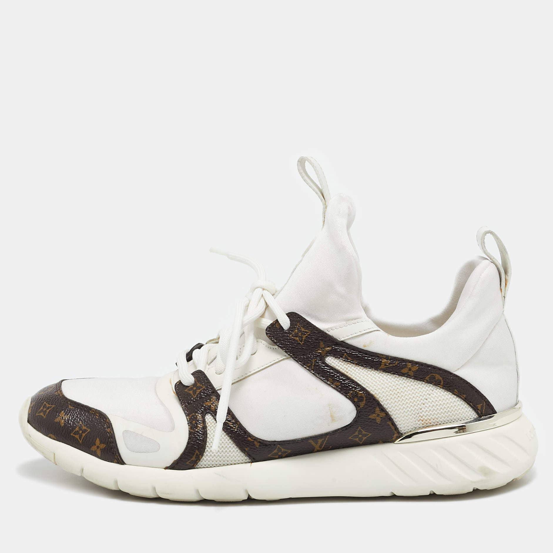 Louis Vuitton White Neoprene and Monogram Canvas Aftergame Sneakers Size 38.5