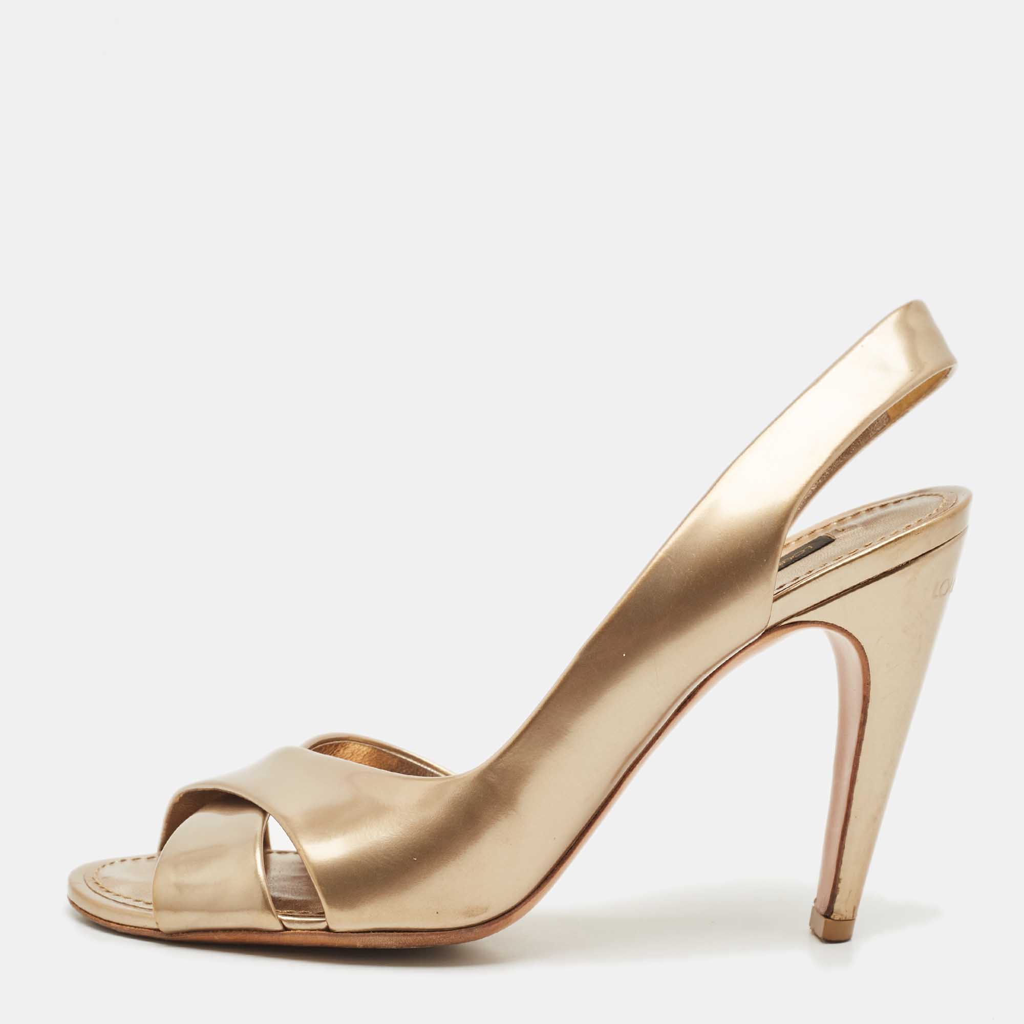 Pre Owned صندل لوي فيتون باربارا سيور متعاكسة فتحة كعب جلد لامع ذهبي مقاس 37.5