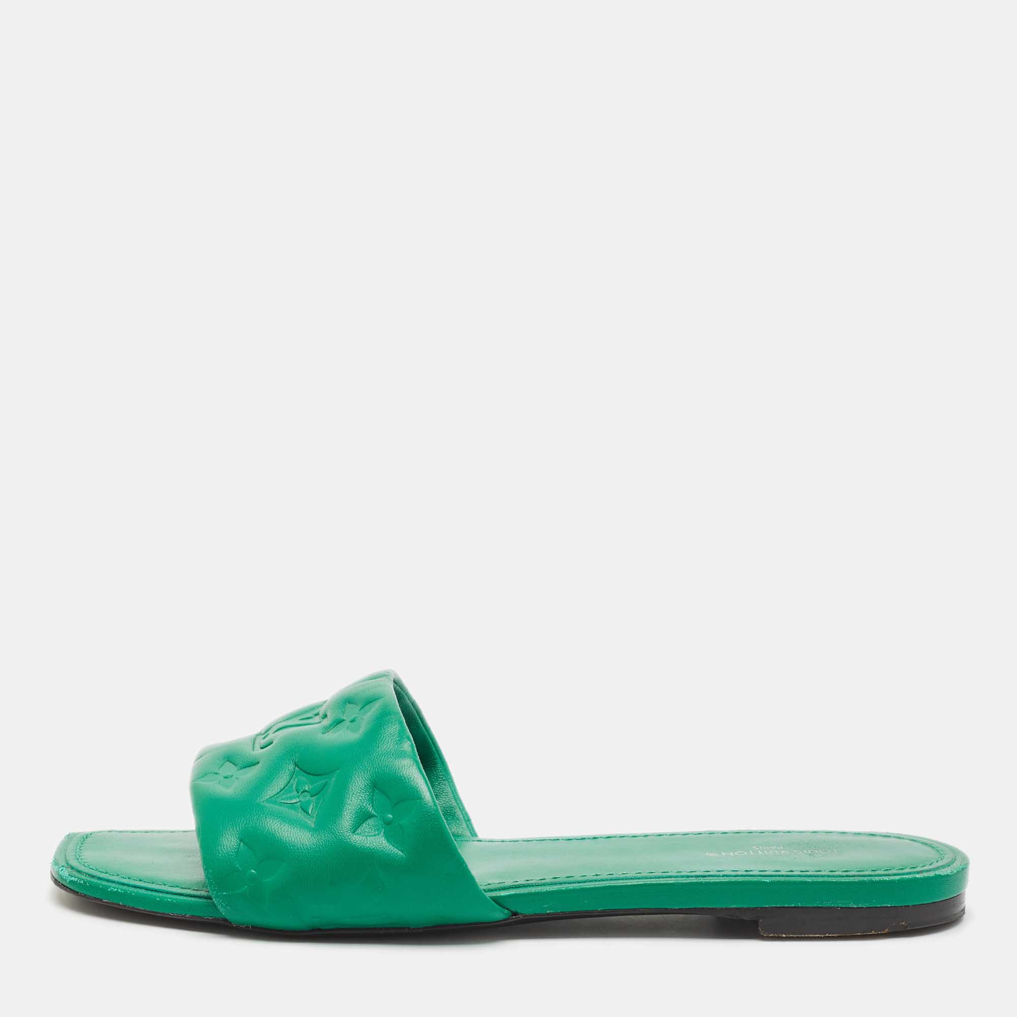 Louis Vuitton Green Monogram Embossed Leather Revival Flat Slides Size 39.5