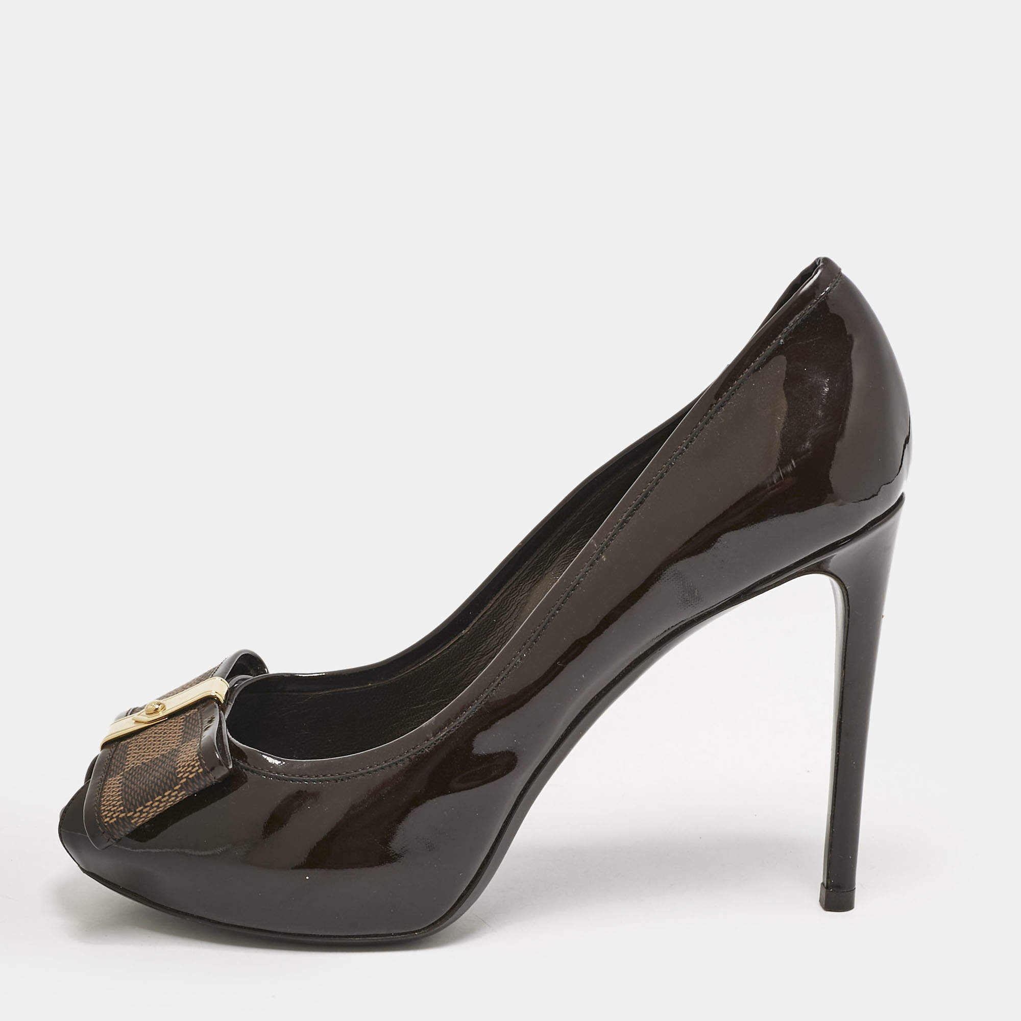 Louis Vuitton Brown Vernis Leather Valentine Peep Toe Pumps Size 37.5
