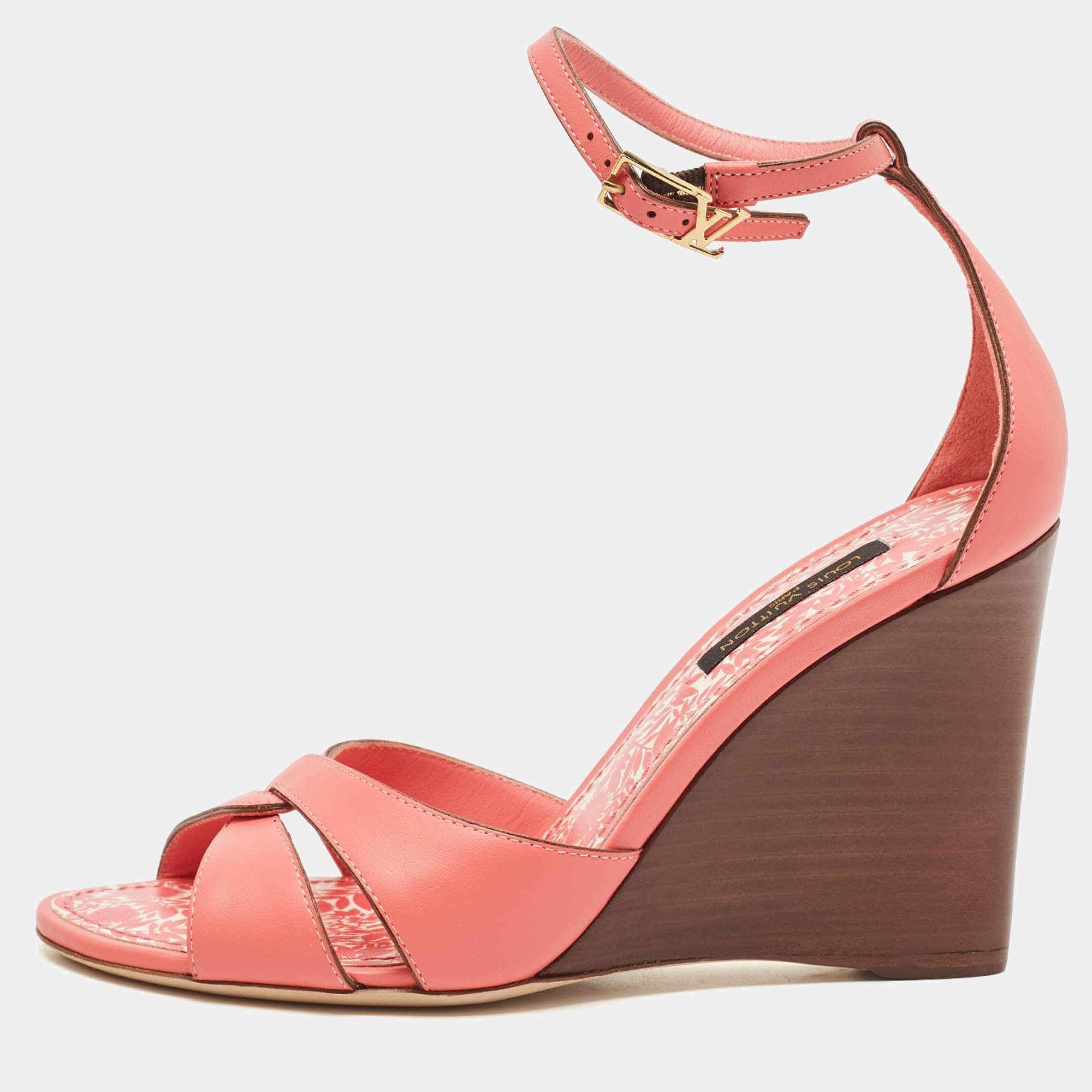 Louis Vuitton Pink Leather Ankle Strap Wedge Sandals Size 36