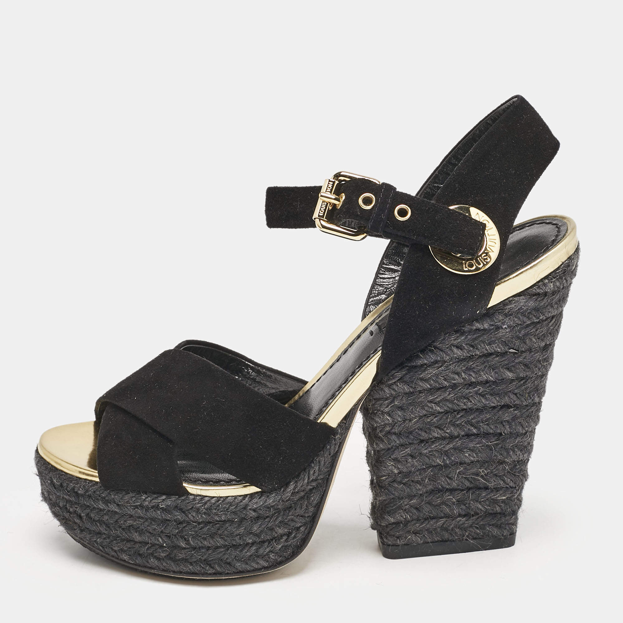 Louis Vuitton Black Suede Espadrille Platform Sandals Size 35