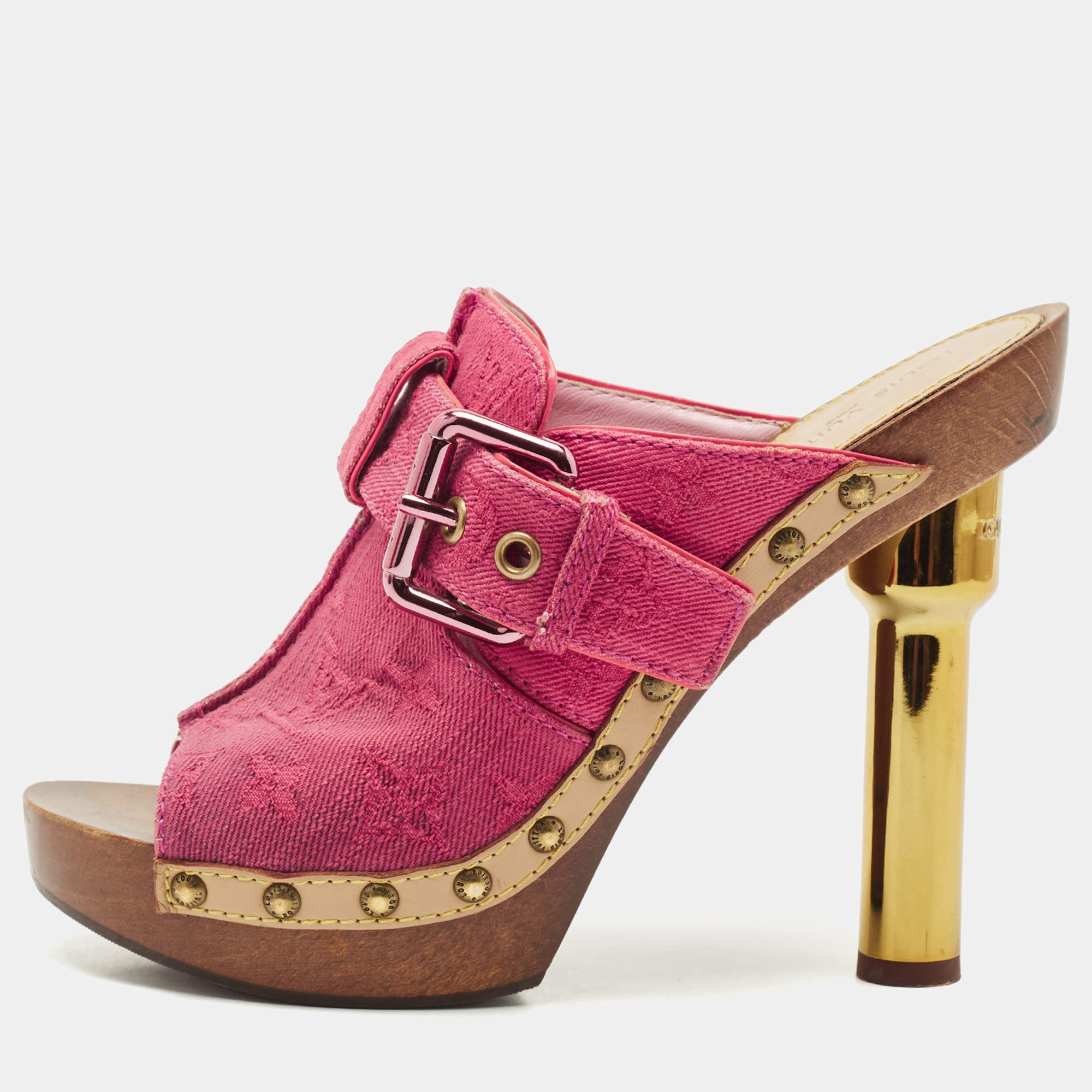 Louis Vuitton Pink Monogram Denim Rosa Platform Clog Mules Size 39
