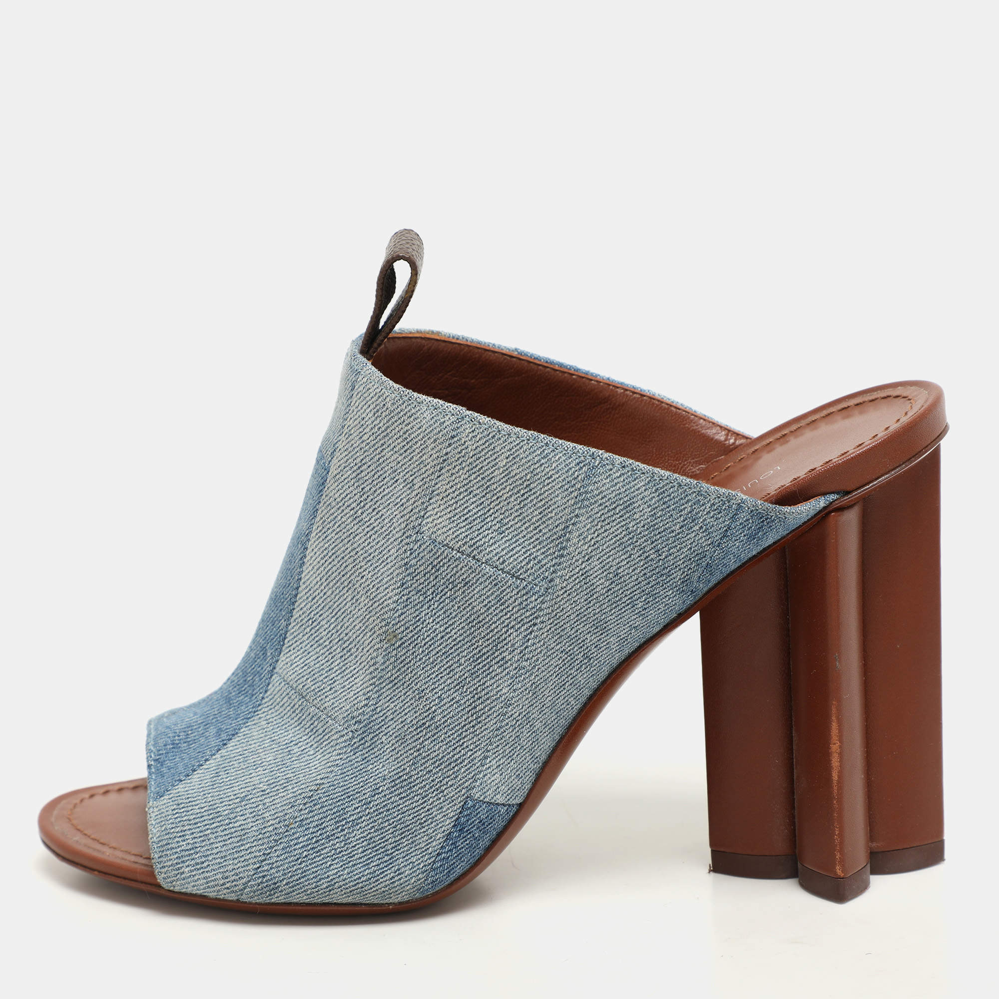 Louis Vuitton Faded Blue Patchwork Denim Flower Heel Mules Size 37