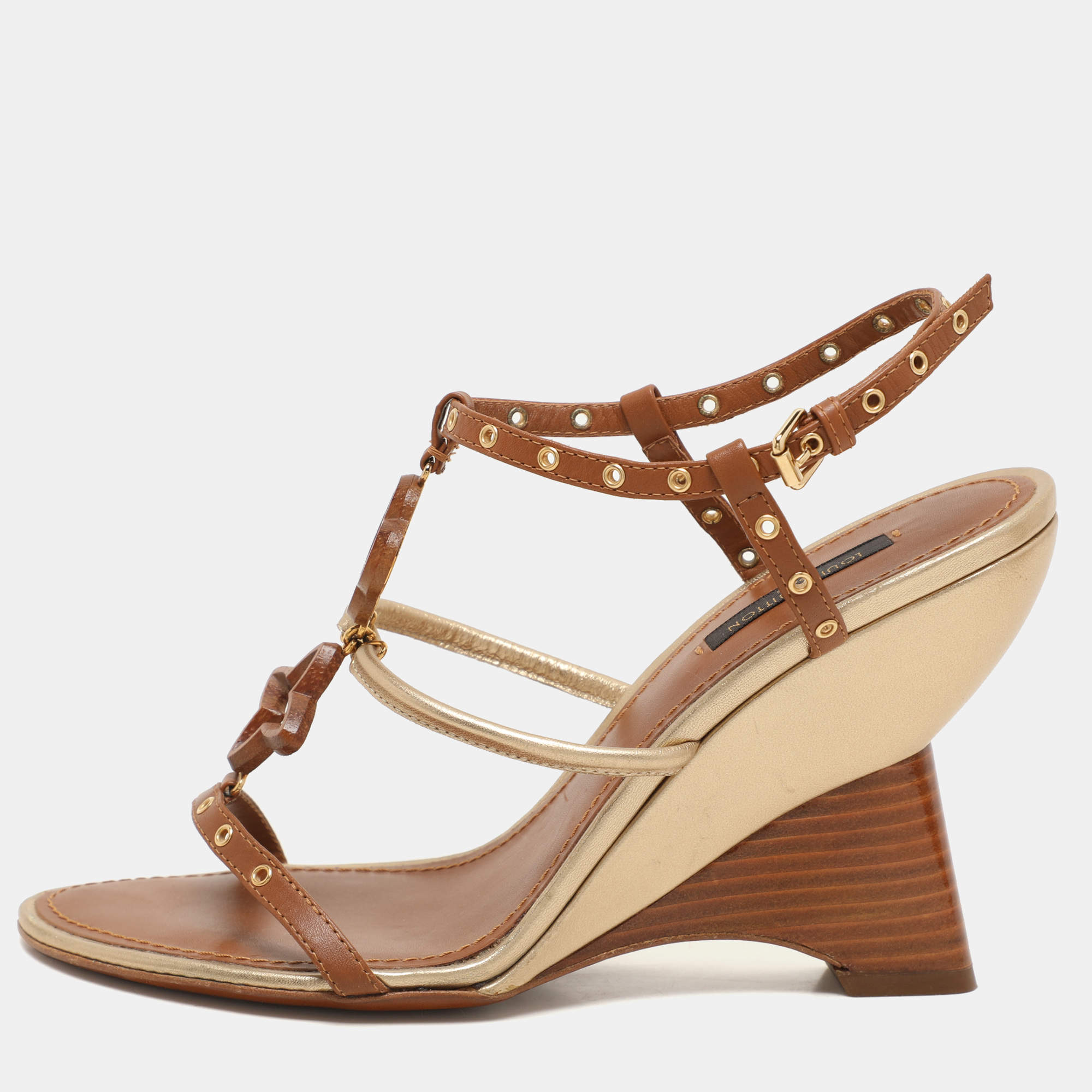 Louis Vuitton Brown Leather Eyelet T-Strap Wedge Sandals Size 38.5