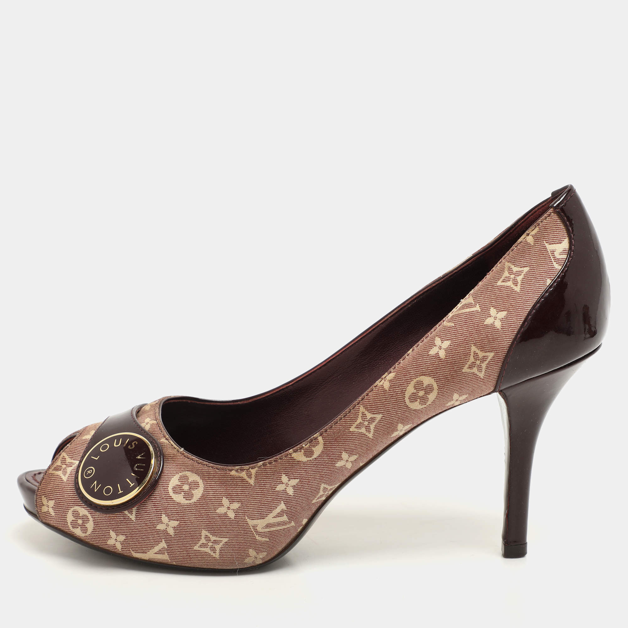 Louis Vuitton Burgundy Mini Lin Canvas and Patent Leather Peep Toe Pumps Size 36