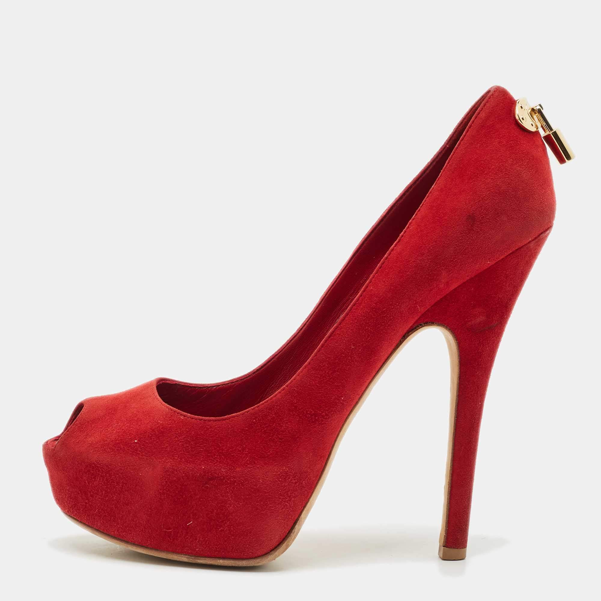 Louis Vuitton Red Suede Oh Really! Platform Peep Toe Pumps Size 38