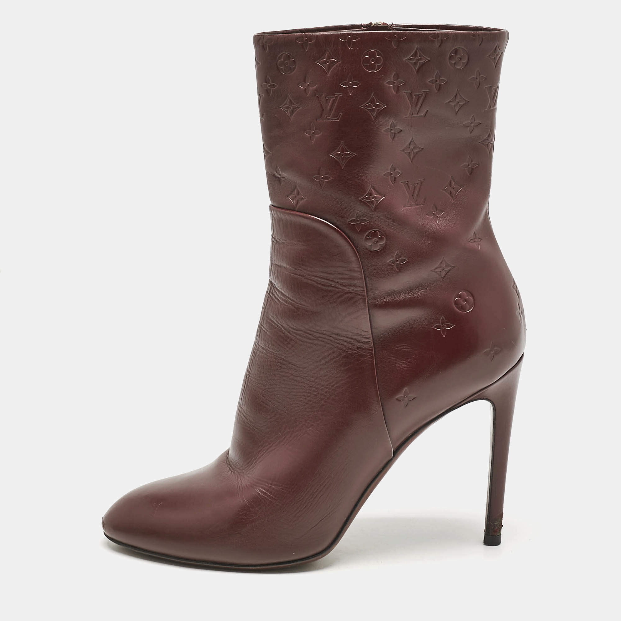 Louis Vuitton Burgundy Monogram Leather Ankle Boots Size 38
