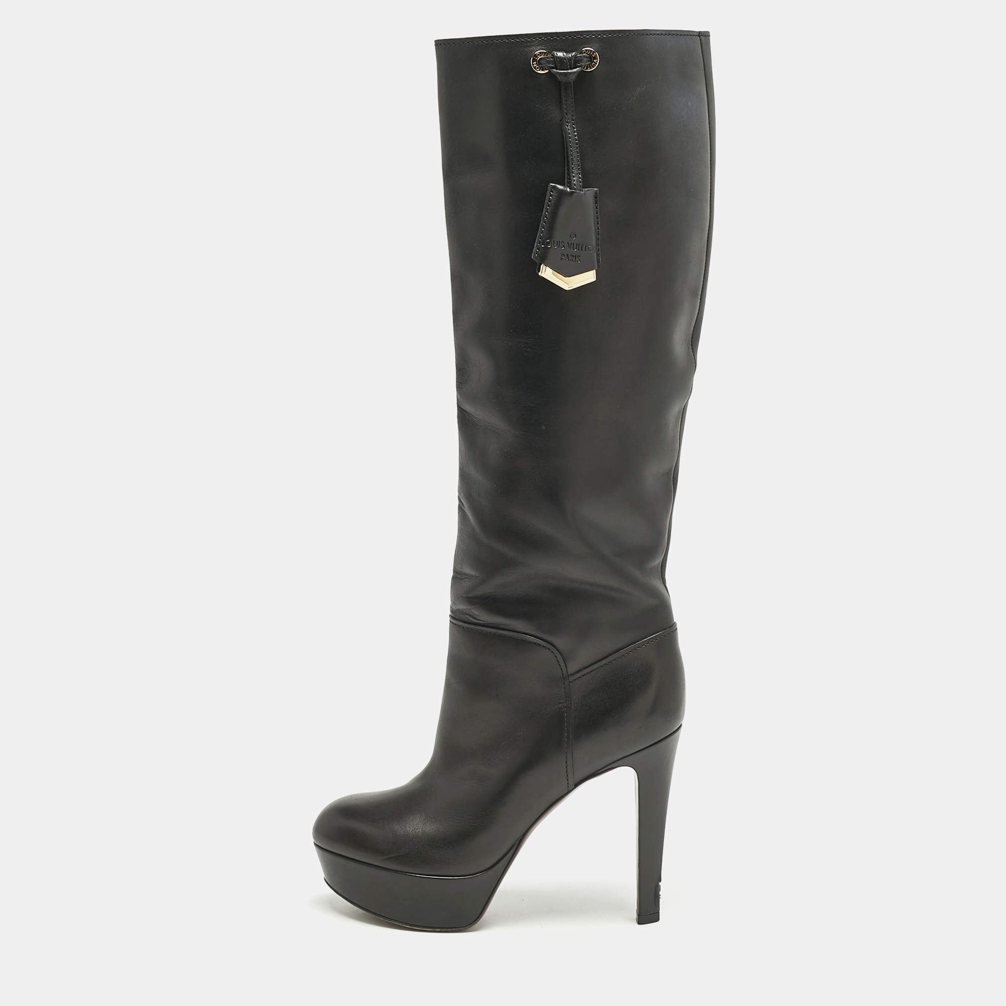 Louis Vuitton Black Leather Platform Knee Length Boots Size 38