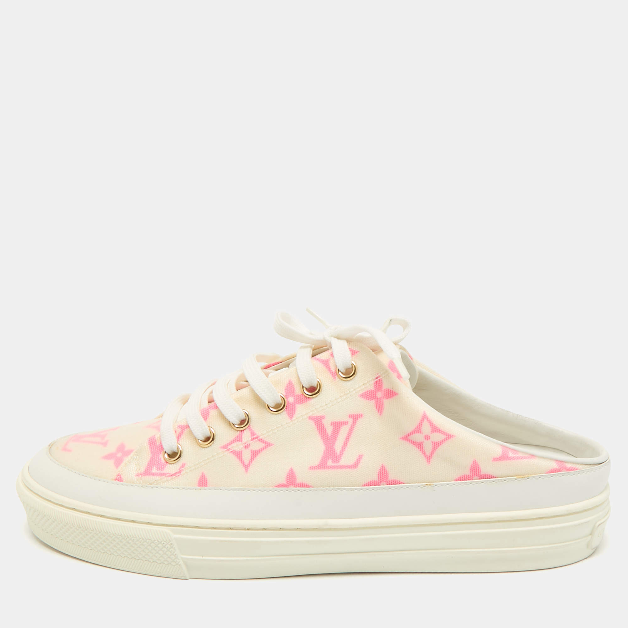 Louis Vuitton White/Pink Mesh and Leather Stellar Sneaker Mules Size 39.5