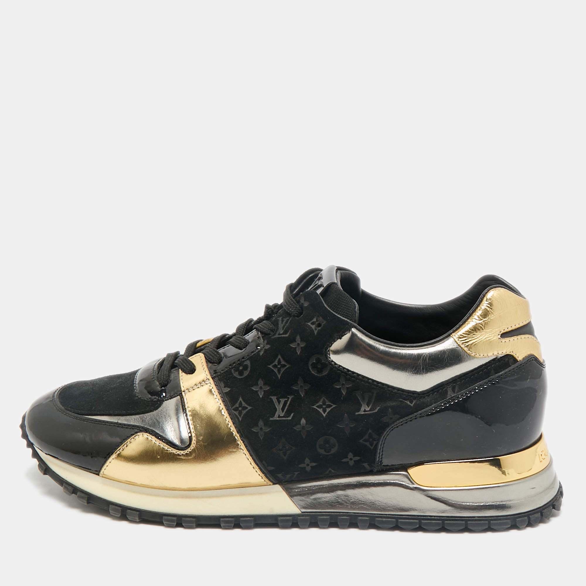 Louis Vuitton Gold/Black Monogram Suede and Leather Run Away Sneakers Size 39