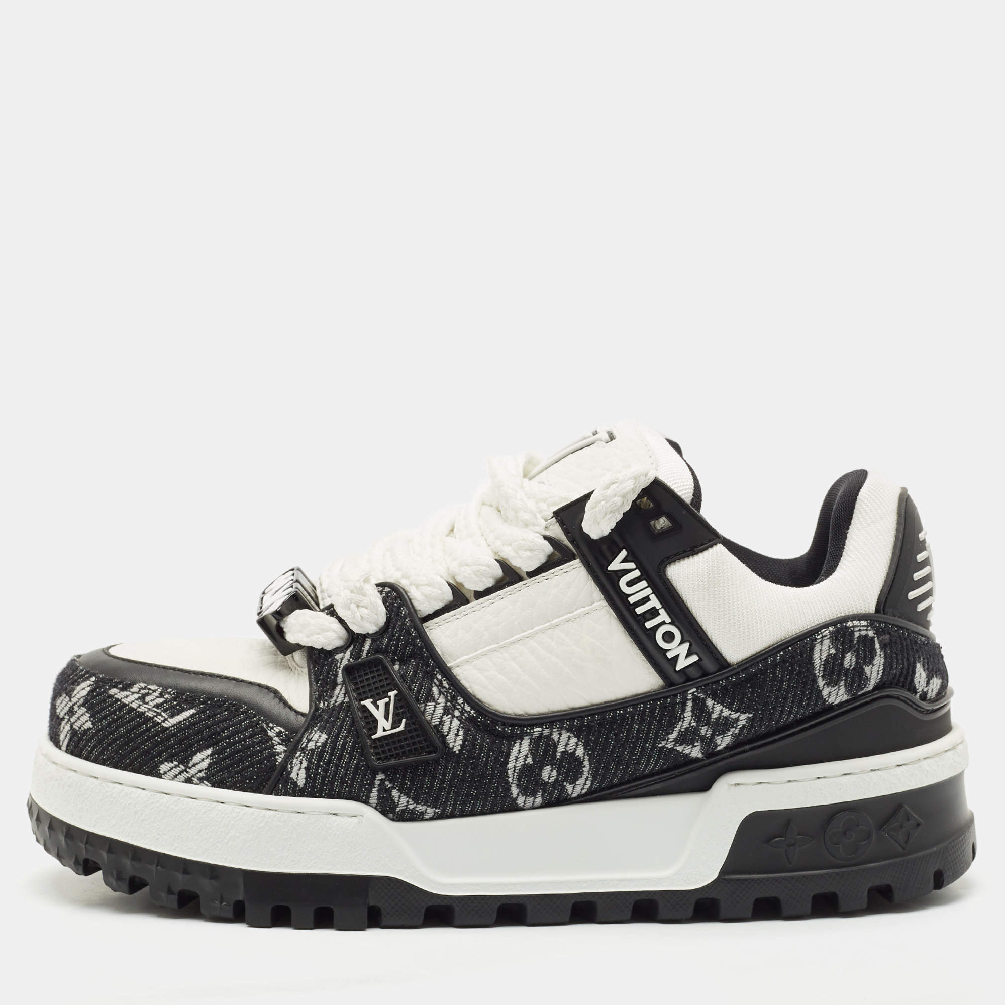 Louis Vuitton Black/White Monogram Denim and Leather LV Trainer Maxi Sneakers Size 39
