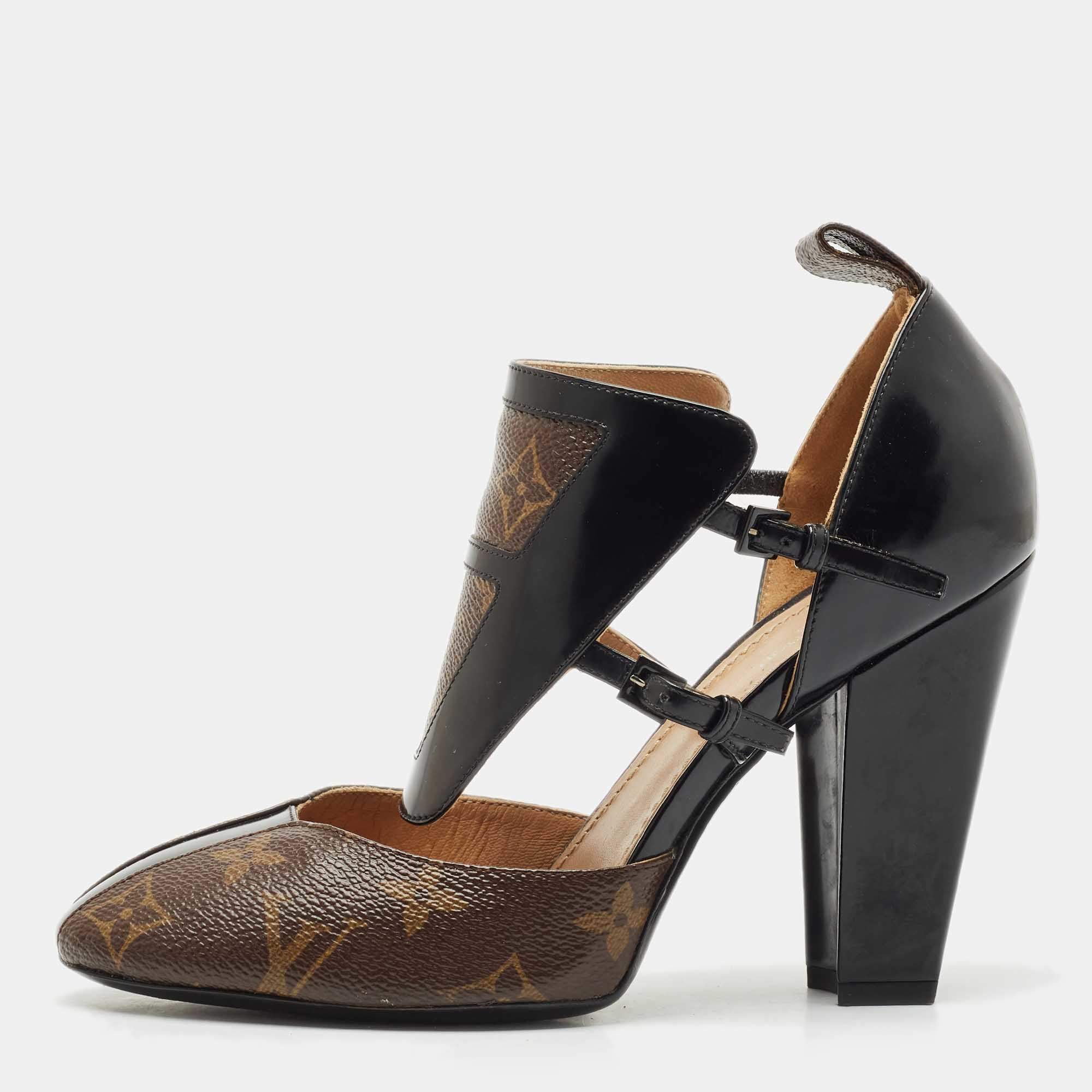 Louis Vuitton Black Patent Leather and Monogram Canvas Headline Pumps Size 37