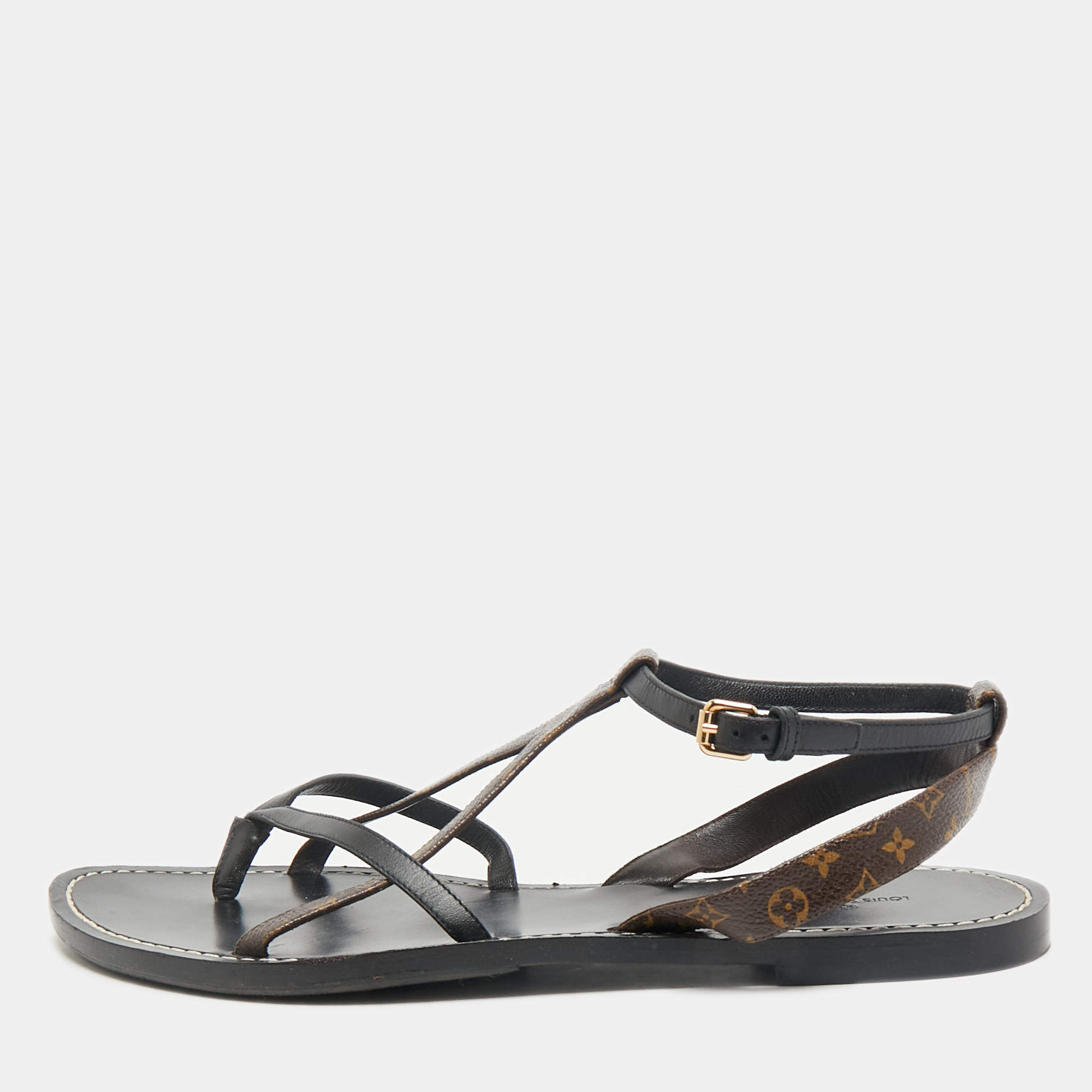 Louis Vuitton Black Leather and Monogram Canvas Strappy Flat Sandals Size 40