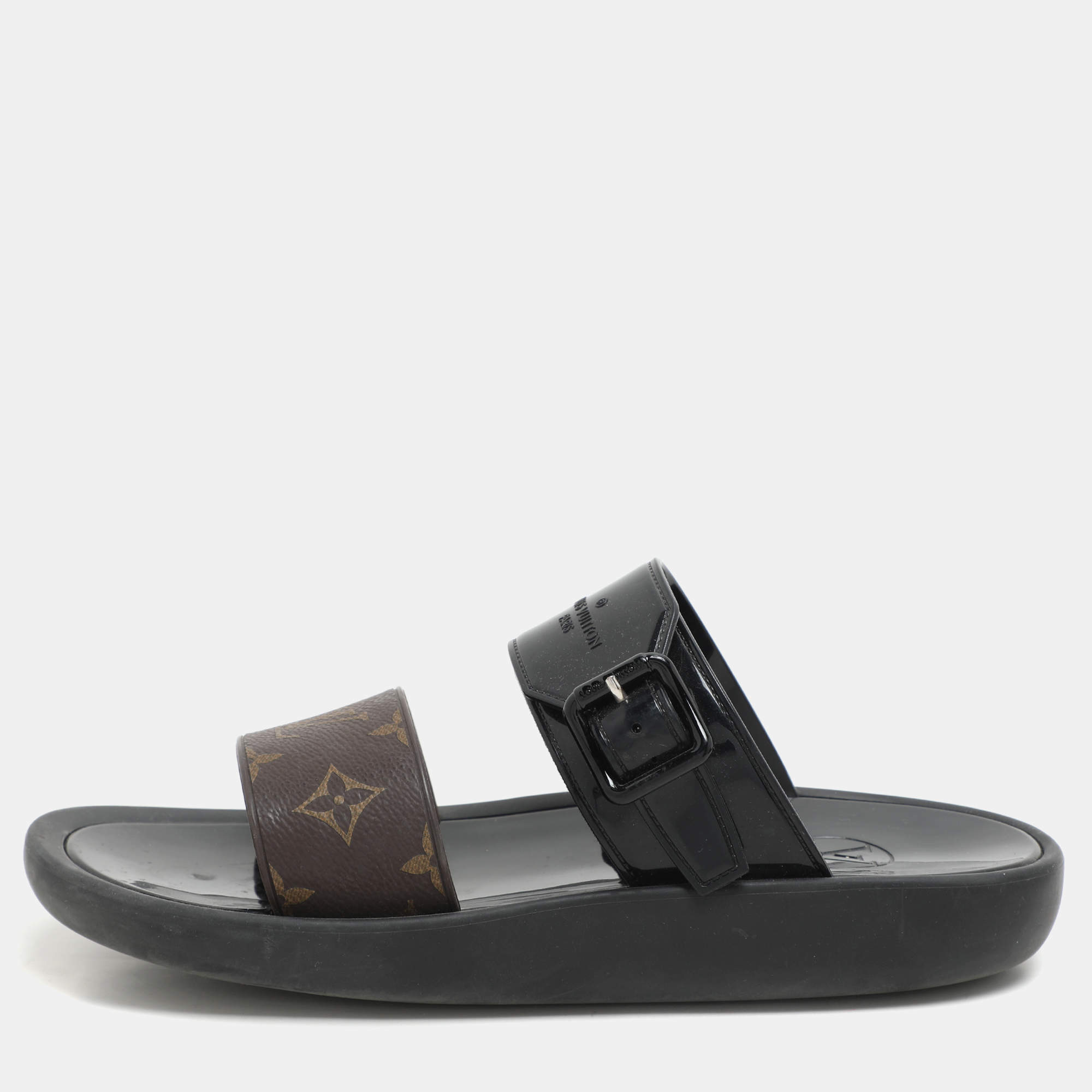 Louis Vuitton Black/Brown Monogram Rubber Sunbath Flat Slides Size 40