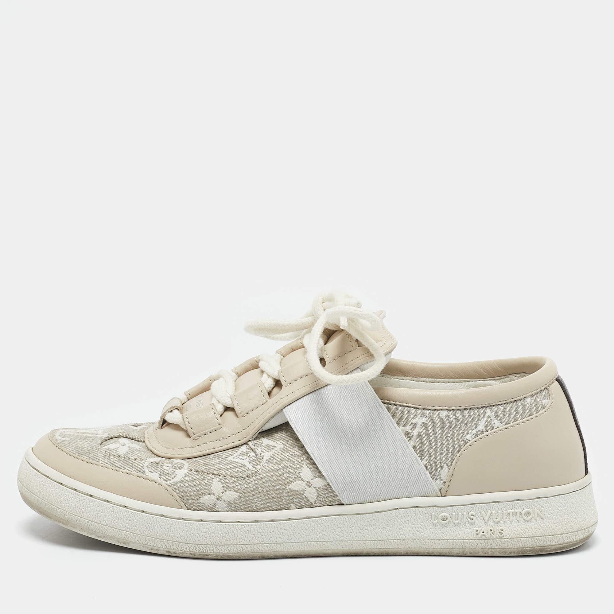 Louis Vuitton Beige Monogram Denim and Leather Lous Sneakers Size 38.5